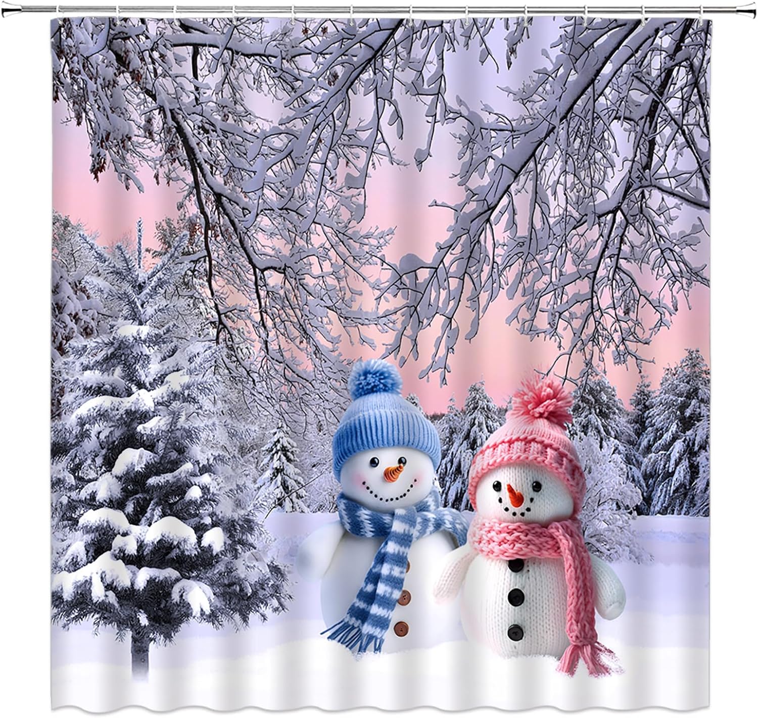 GCTNBJL Winter Forest Shower Curtain Snowman Tree Snow Holiday Xmas Festival Rustic Nature White Pink Extra Long Bathroom Home Curtain with Hooks,70x78 Inch