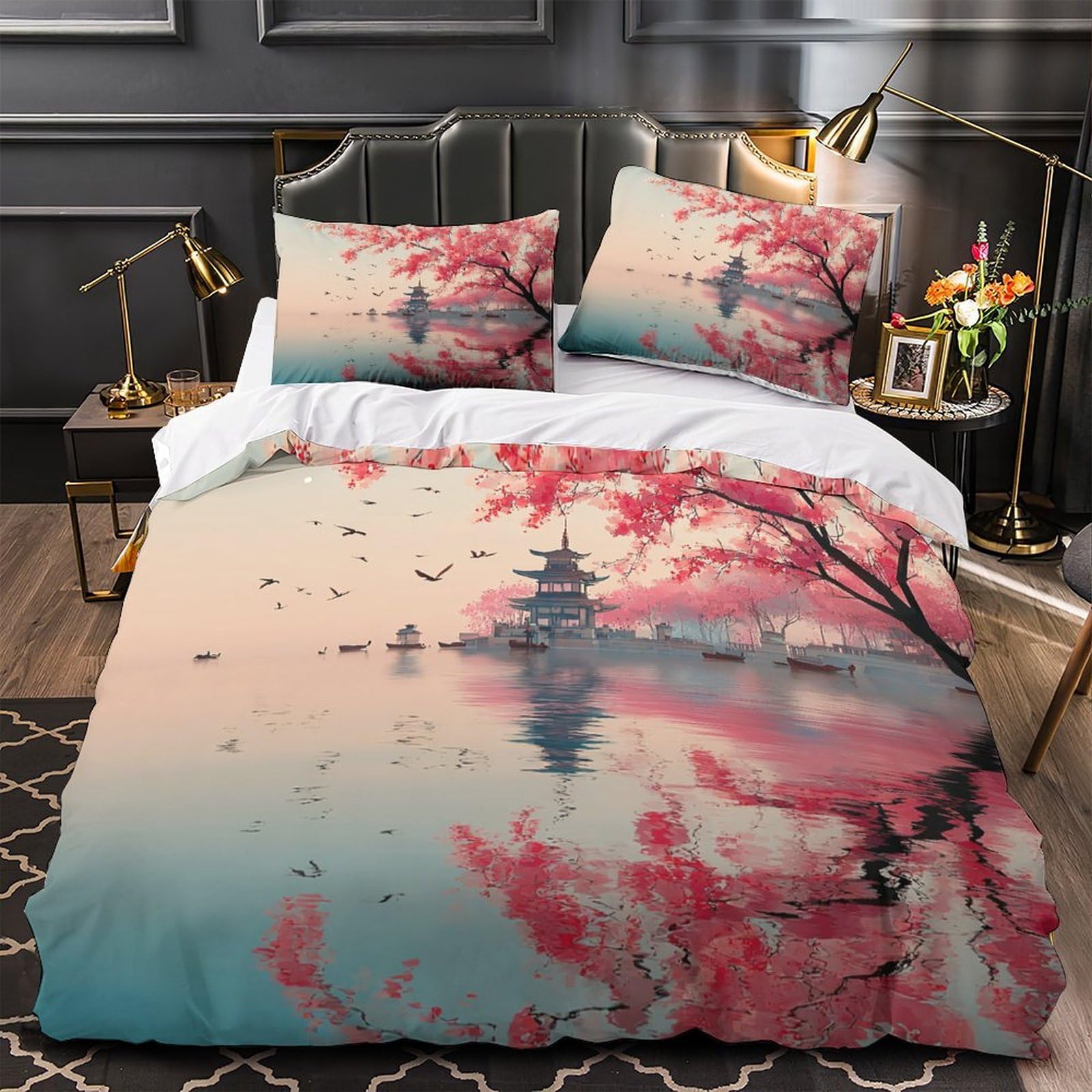 MMDASBVPE Cherry Blossoms Lake Quilt Cover 3D Design Printed Hypoallergenic 3 Pcs Bedding Set Zipper Comforter Cover Super Soft Machine Washable for Kids Adults Women Teens Youth Single（135x200cm）