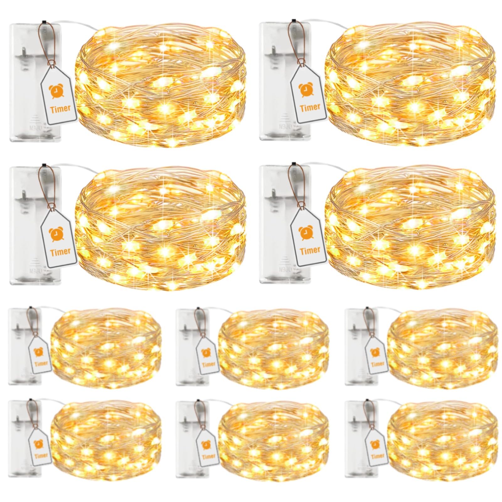 btfarm 10 Paquete Luces Led Pilas con Temporizador, 2M 20LED Cadena de Guirnalda Luces, Alambre Cobre Impermeable Luces de Hadas, Decoración de Interior Navidad Arbol Boda Habitacion Bodas Botellas
