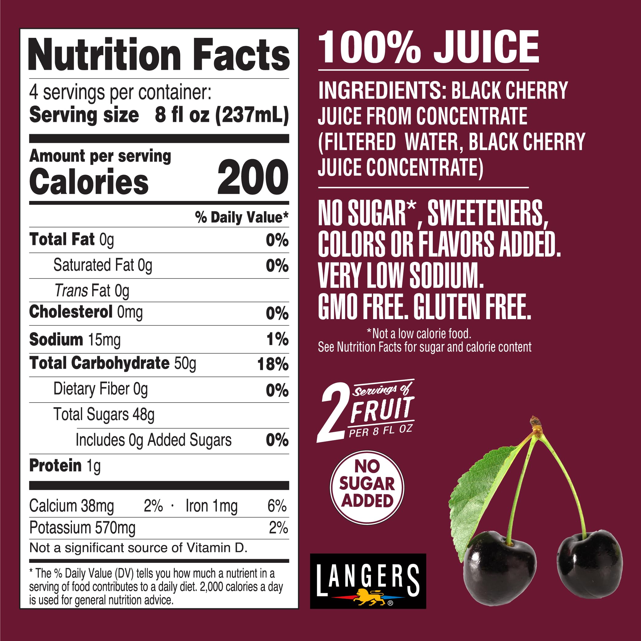 Langers All Black Cherry 100% Juice, 32fl oz (Pack of 6)