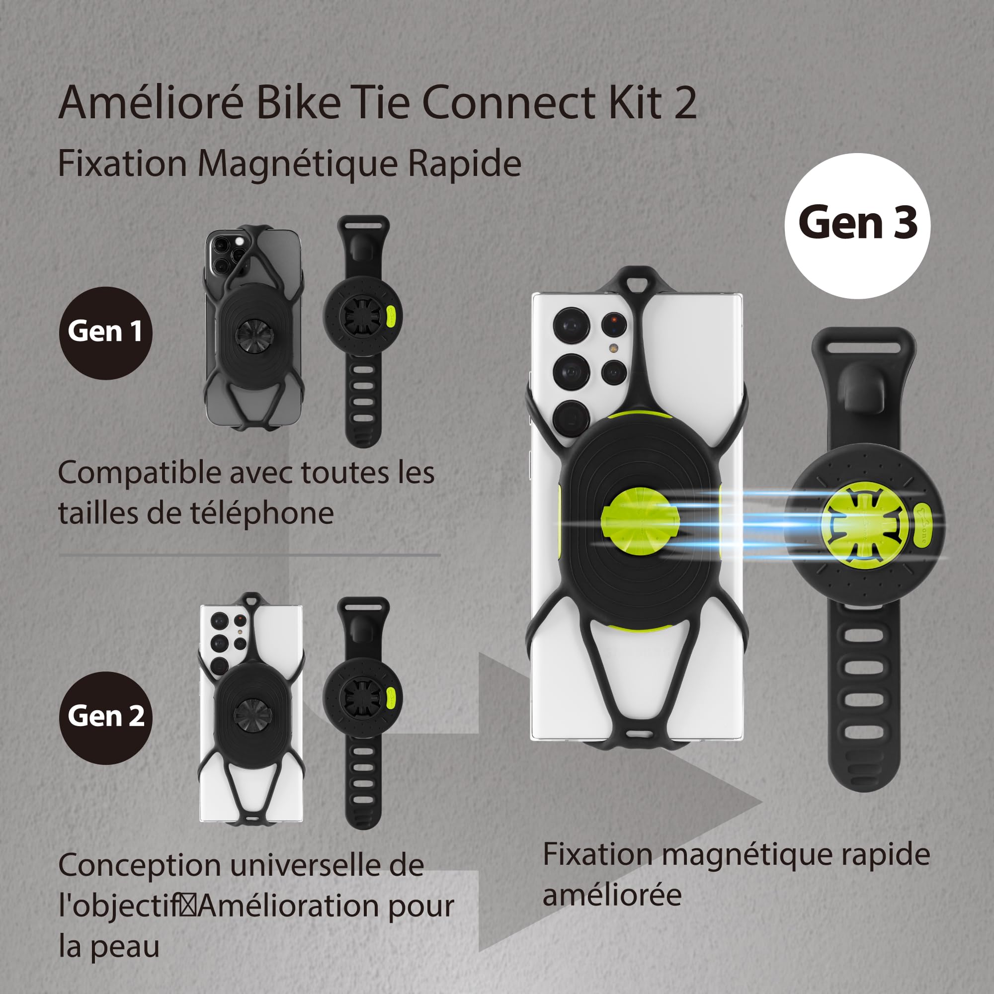 Bone Bike Tie Connect Kit 2 Magnetic – Support Smartphone Universel pour vélo, Fixation magnétique, Rotation 360° et libération Rapide, Compatible téléphones 4,7–7,2"