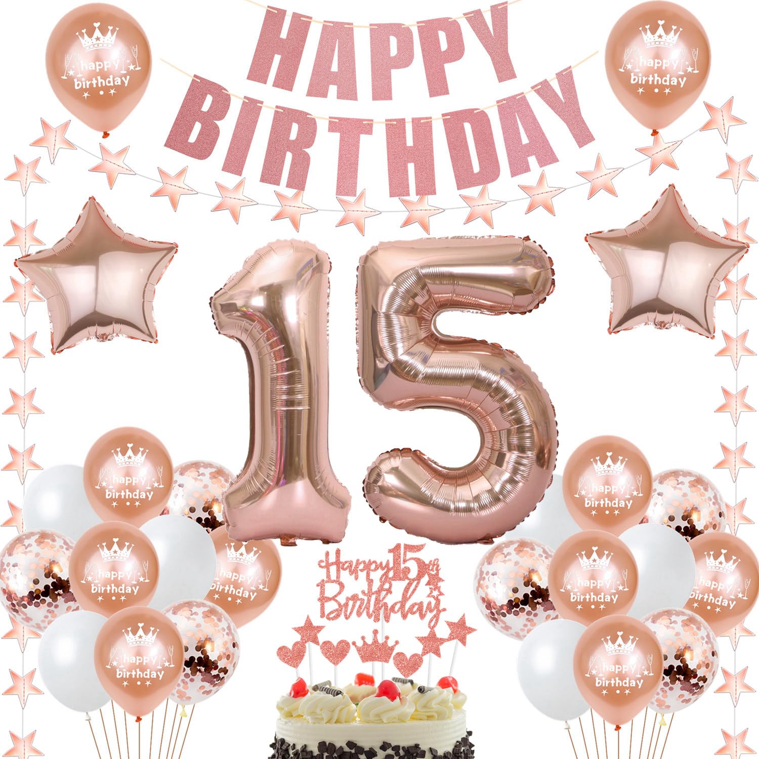 deko 15. Geburtstag Dekoration Mädchen Rosegold Tortendeko 15 Geburtstag Mädchen Deko Luftballons 15. Party Deko 15 jahre Geburtstagsdeko Folienballon 15 Geschenk