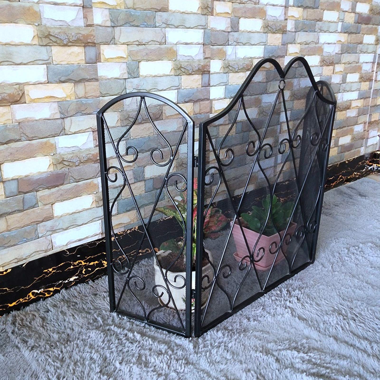 Salvachispas Chimenea Tres paneles decorativos de desplazamiento arco diseño chimenea pantallas de hierro forjado Malla de metal Malla pequeña Pantalla de chimenea Pantalla de chimenea gratis de pie,