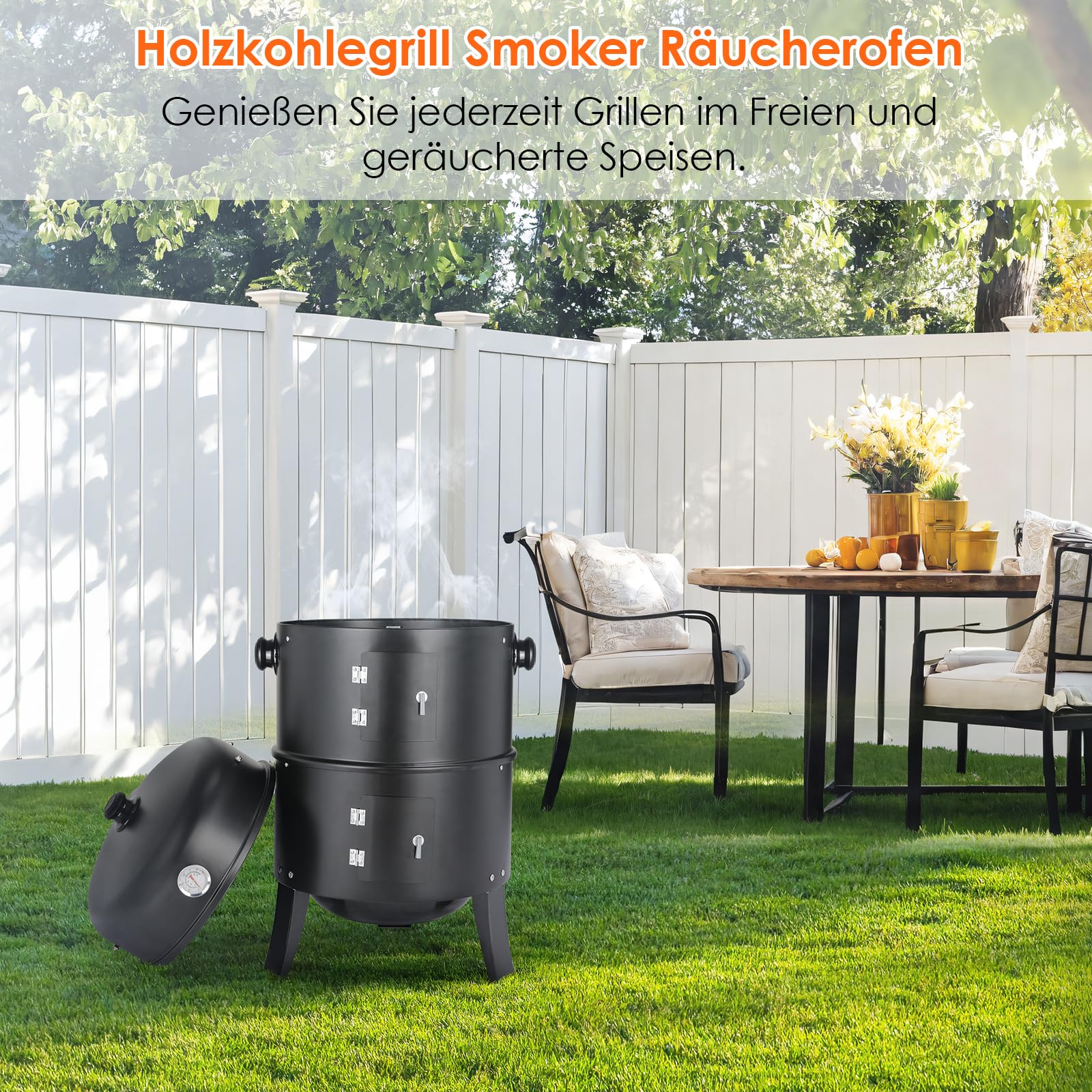 TLGREEN Räucherofen, 3 in 1 Smoker Grill Holzkohlegrill, Räuchertonne Räuchergrill Watersmoker, Räuchern Räucherofen mit Deckel & Thermometer, 2 Grillrost Edelstahl, 2 Wasserschale Emaille