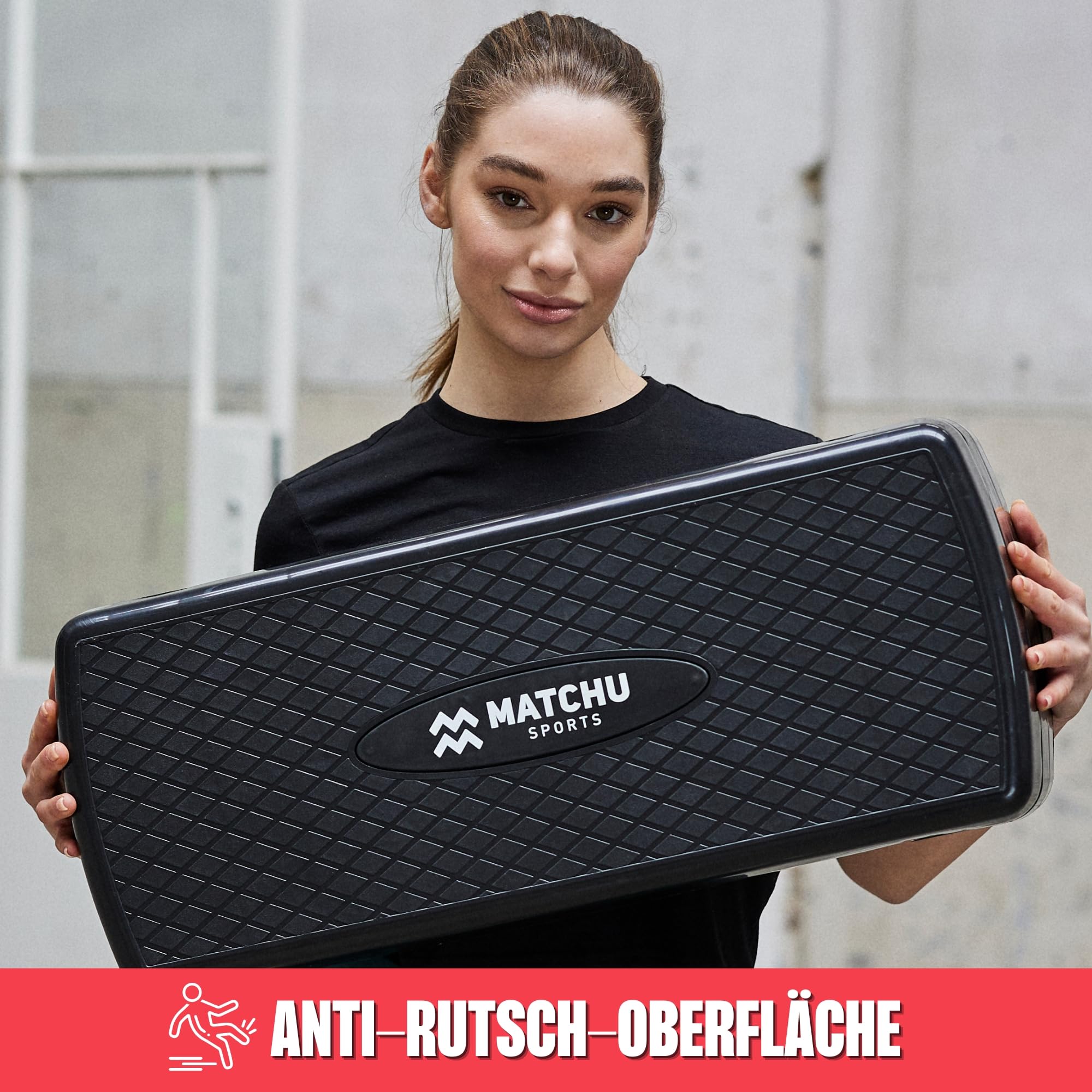 MATCHU - Steppbrett Höhenverstellbar für Fitness - Einstellbar in 9 und 14 CM - Höchstgewicht: 200 KG - Anti-Rutsch-Oberfläche - Kunststoff - Schwarz