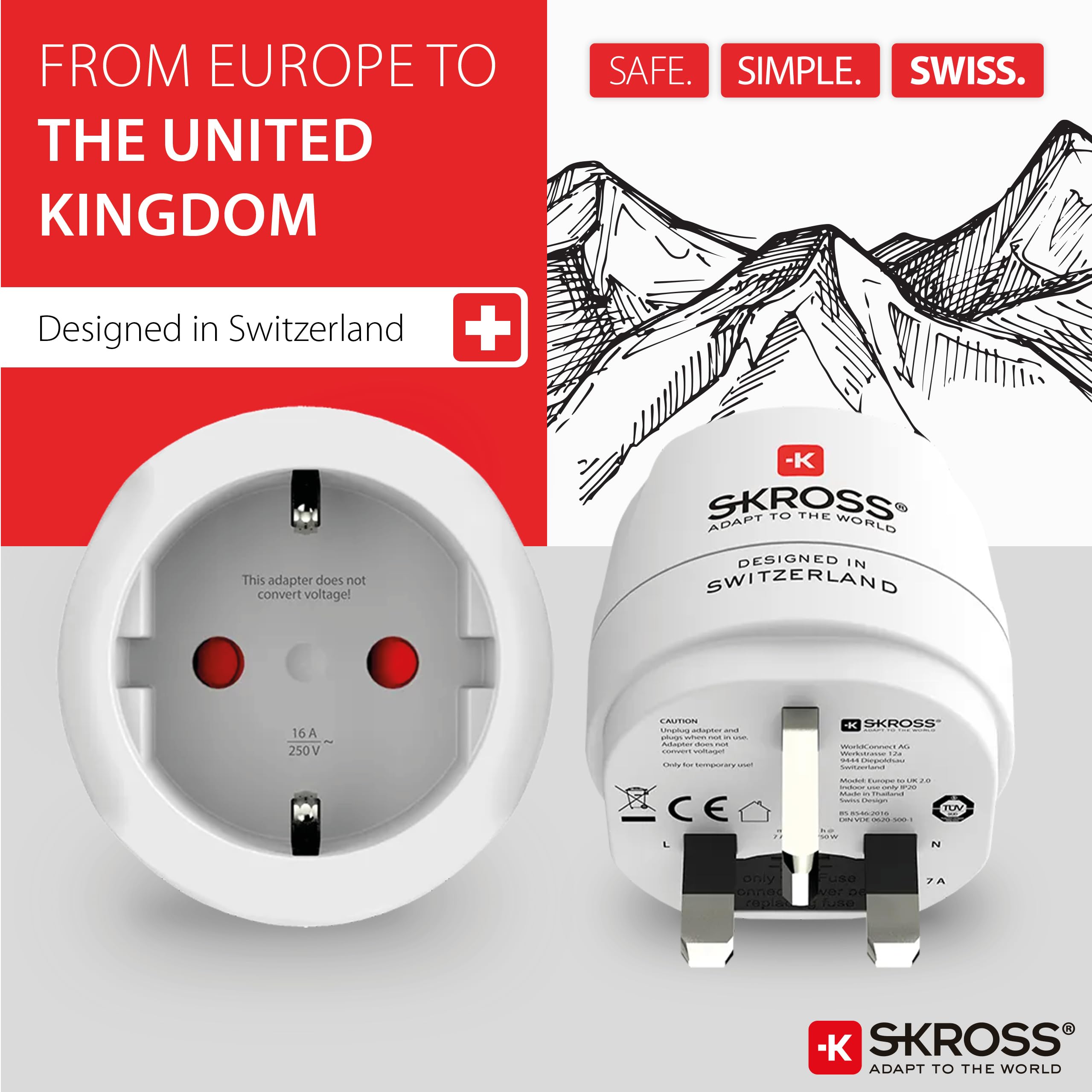 SKROSS 1.500230C-E, Europe to UK adapter podróżny do podróży z Europy w Wielkiej Brytanii
