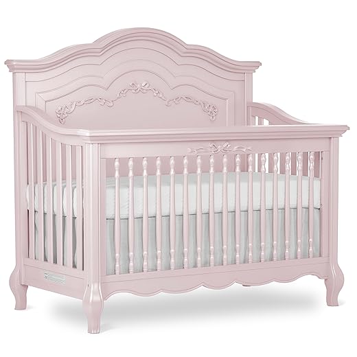 évolur Aurora 5-in-1 Convertible Full-Size Baby Crib in Dusty Rose, GreenGuard Gold & JPMA, 3 Mattress Heights, Ribbon Bow Scrollwork & Queen Anne Feet, Converts to Toddler, Day & Full-Size Bed