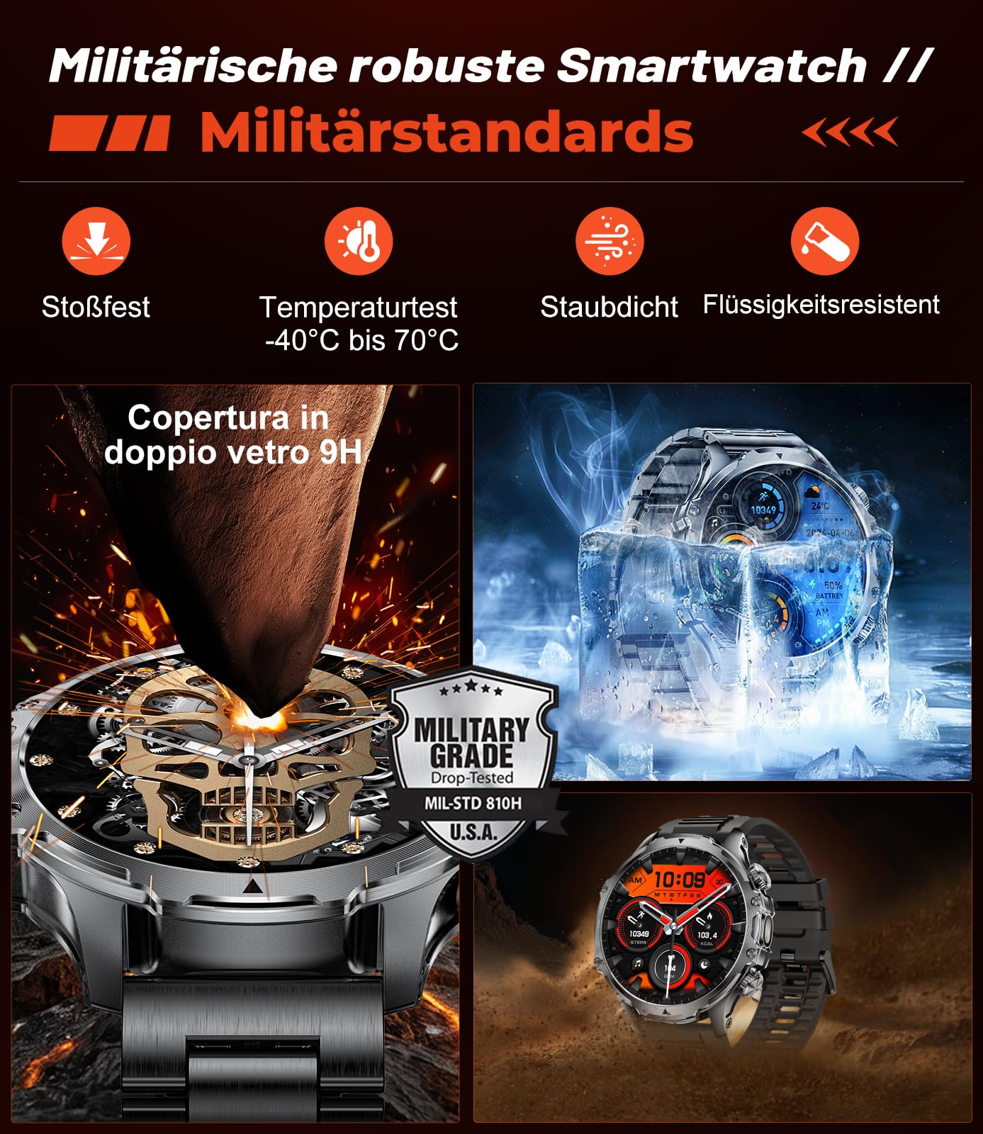 Smartwatch Herren 800 mAh Akku,1.85'' Großes Display/LED Taschenlampe mit Telefonfunktion,IP68 Wasserdicht Fitnessuhr mit 110+ Sportmodi Herz-/Schlaftracking für Android iOS