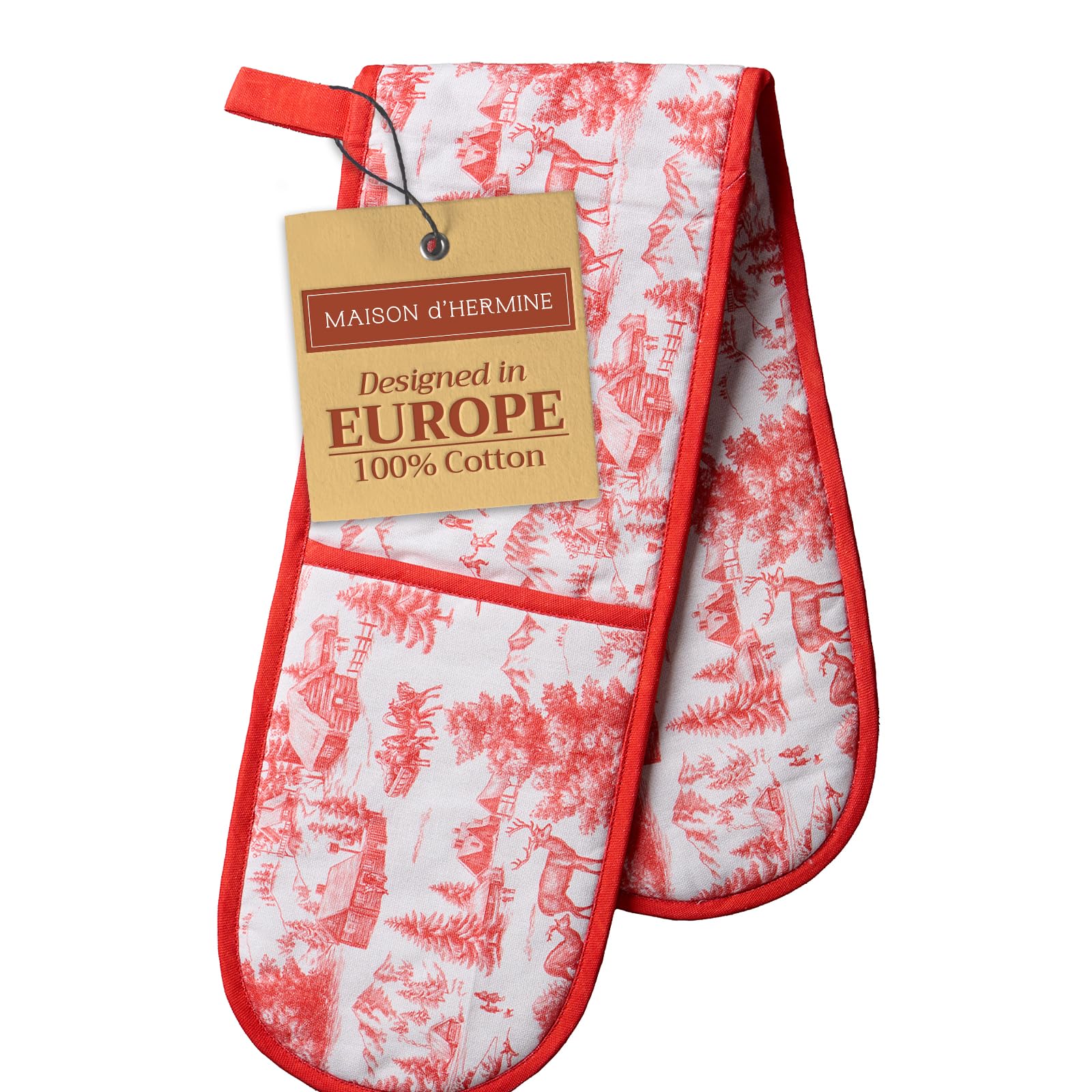Maison d' Hermine Doppelter Ofenhandschuh (18 cm x 89 cm) 100% Baumwolle, hitzebeständige Grillhandschuhe mit Schlaufe für Weihnachtsdekorationen, Backen, Kochen, Grillen, Handhabung heißer Pfanne