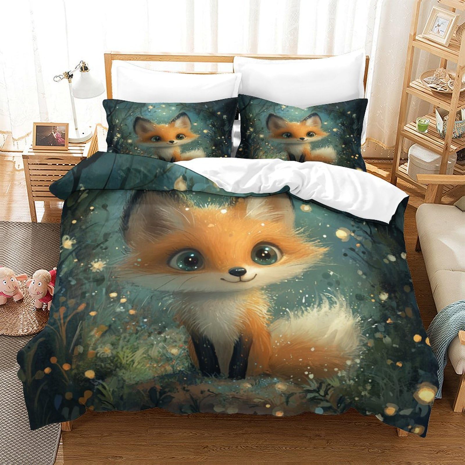 SkyClouf Fox Three-dimensional Printing Bedding Comforter Set Fox Bed Cover Ultra-fine Fiber Encased with Zipper Gentle And Washable Single（140x200cm）