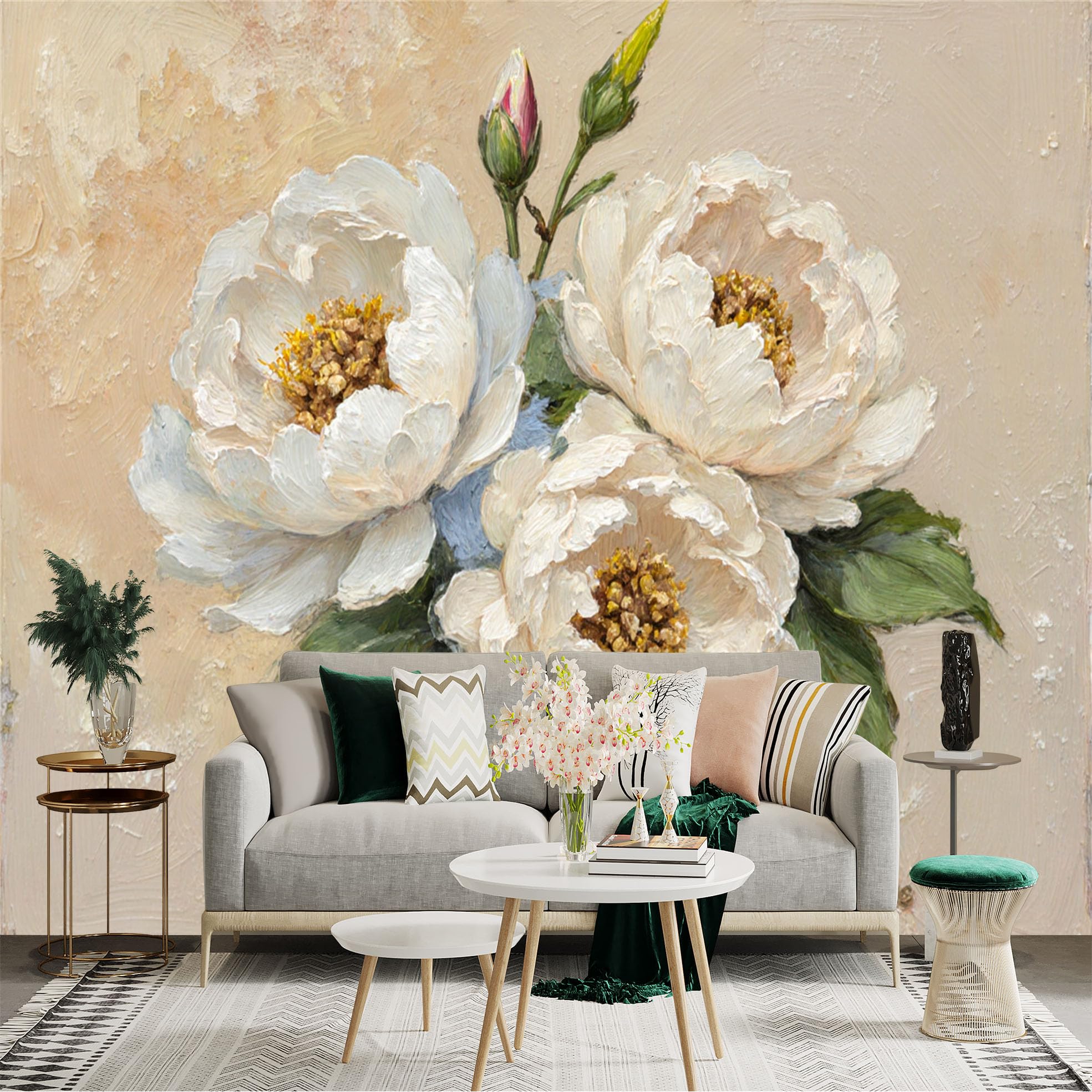 Custom Size Wall Sticker Mural， White Peony Flowers， Oil Painting Style Floral Art， Soft Beige Background， Elegant Botanical Decor， for wall Decoration， peelandstick wall Decals.