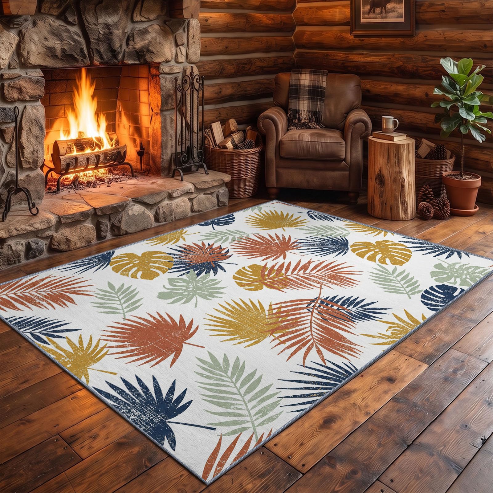Tapis Salon Tropical, Moquette Lavable en Machine, 160 x 230 cm | Feuille De Plante Feuille De Palmier Grande Feuille Tapis avec Dessous Antidérapant, Tapise Décoratif pour Chambre, Cuisine, Blanc