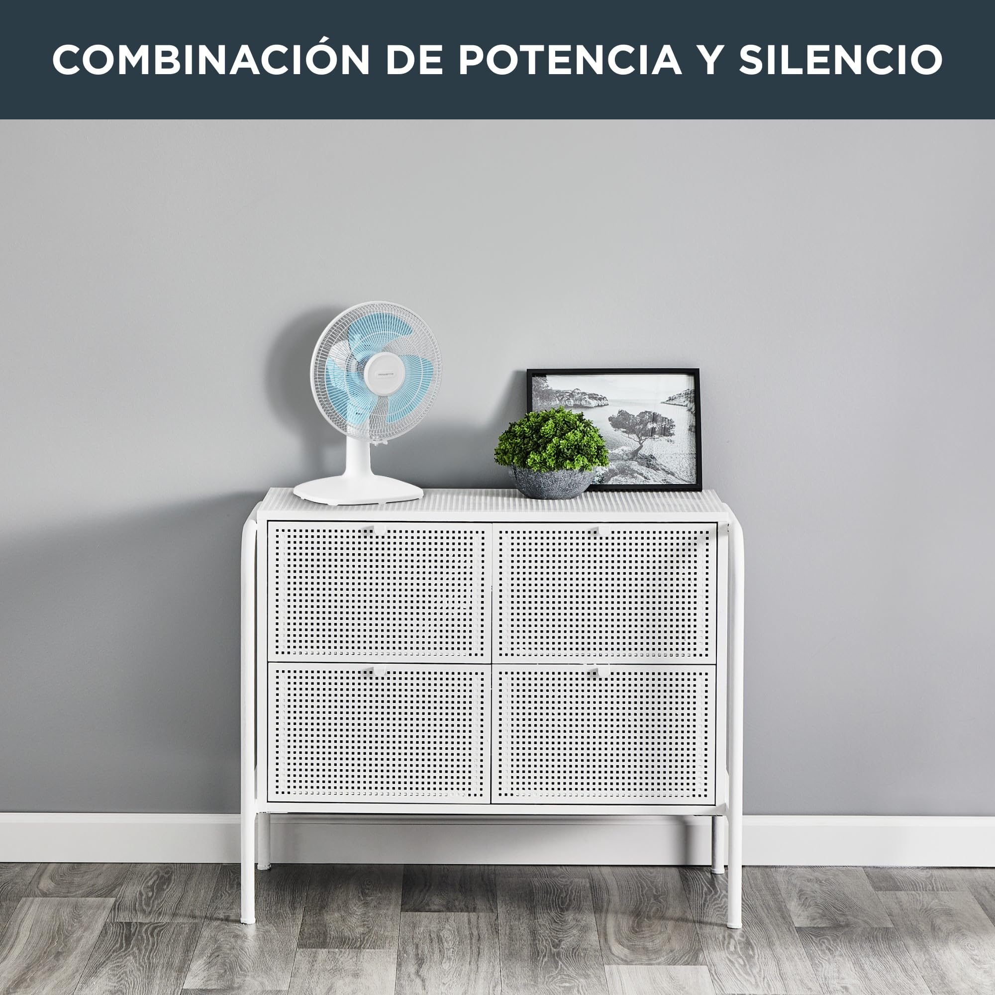 Rowenta Essential+ Ventilador de Mesa Silencioso - Oscilación Automática, 3 Velocidades, Flujo de Aire 34 m³/min, Nivel Sonoro 40 dB, Bajo Consumo, 30 cm, Compacto, Blanco (Reacondicionado)