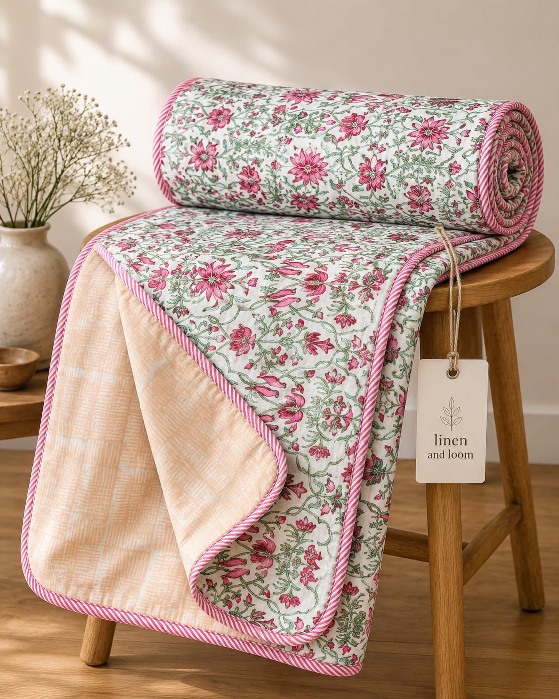 100% Cotton Dohar for Double Bed, Beige Floral | Reversible AC Blanket, Lightweight Summer Quilt, Breathable All-Season Comfort, 84 x 90 Inches-image-22