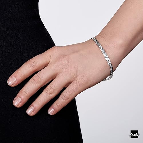 Miniatura 2 de Amberta Pulsera de cadena trenzada de plata de ley 925 para mujer (longitud 7.5 pulgadas), Metal, Sin gemas.