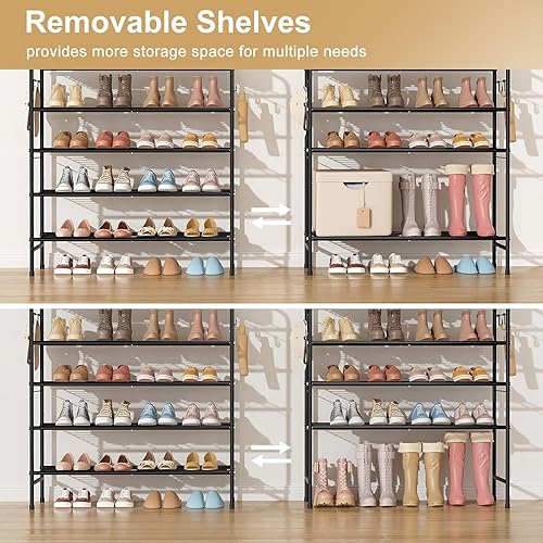 Miniatura 6 de Zapatero de 5 niveles de 33 pulgadas de ancho, organizador de zapatos largo con 4 ganchos laterales, estante resistente para zapatos para armario,