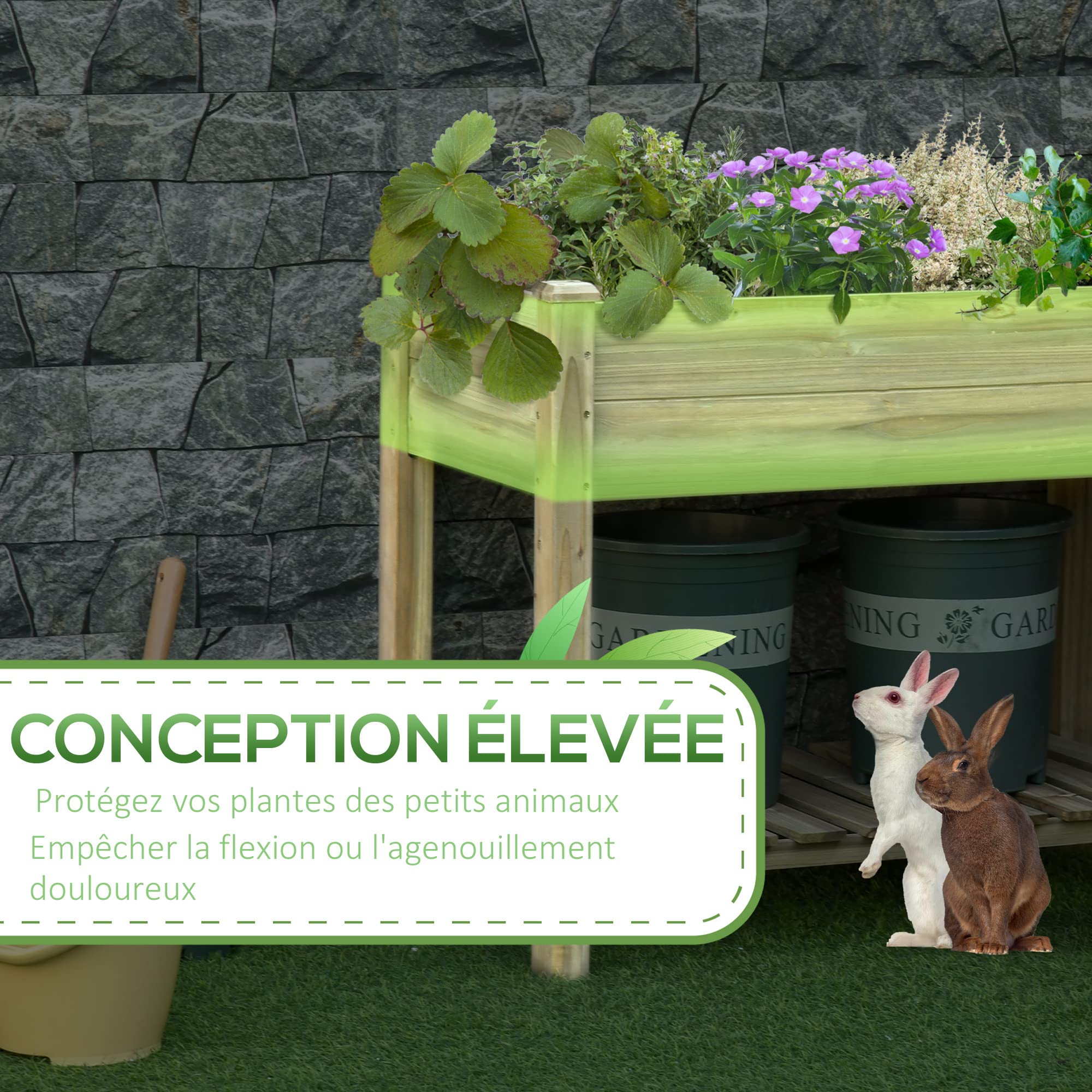 Outsunny Jardinière surélevée avec Étagère de Rangement en Bois, Carré Potager sur Pied surélevé, Trous de Drainage, pour Plantes, Fleurs, Légumes, 91 x 51 x 76 cm, Vert