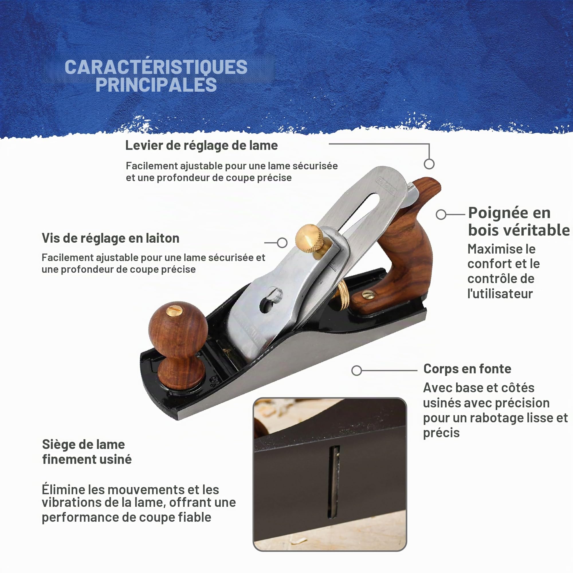 Rabot de finition Faithfull n° 3 – Rabot à bois en fonte usinée avec précision pour bois durs et tendres, ébénisterie, menuiserie et lissage