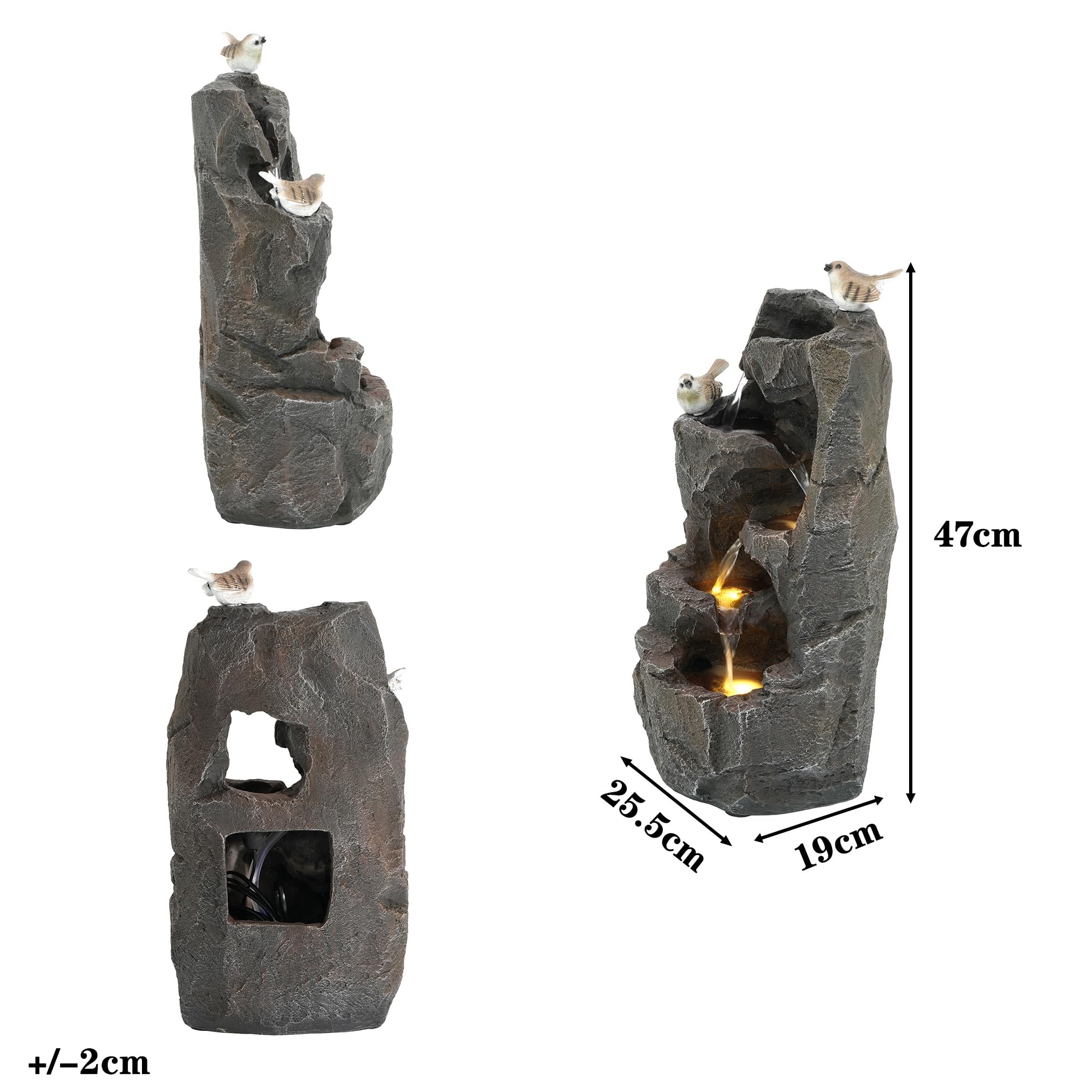 Merax Gartenbrunnen mit LED Beleuchtung, Moderner Standbrunnen für Garten, Terrasse, Balkon & Rasen, Steinoptik, Natürlicher Stil, 47cm Springbrunnen Wasserspiel Kaskade, Polyesterharz, Steingrau