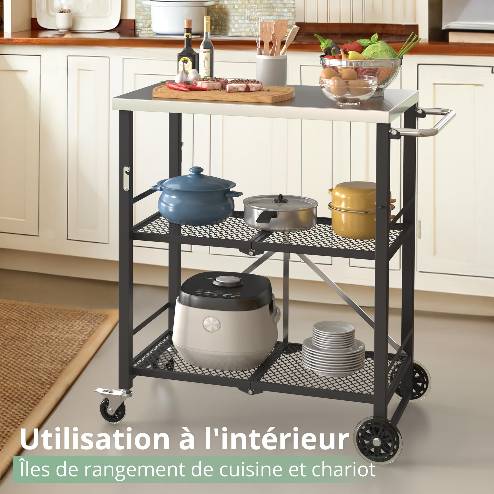 LUE BONA Desserte Jardin,Chariot de Barbecue 2 Niveaux,Desserte Extérieur pour Barbecue avec 4 roulettes Verrouillables e Crochets pour BBQ,Four a Pizza,70 x 47 x 86 cm,Nero