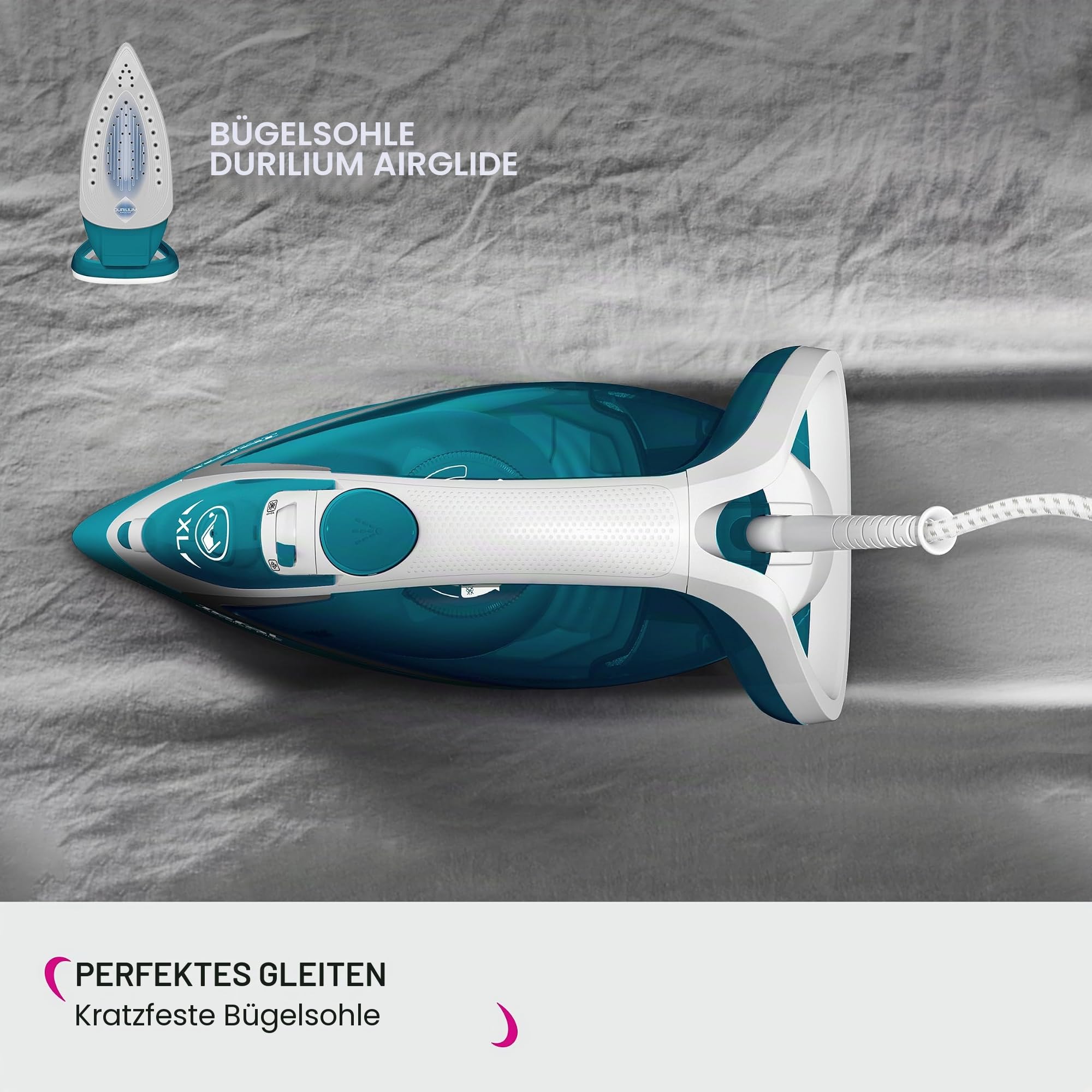 Calor Easygliss Plus Dampfbügeleisen, 2500 W, Dauerdampf 40 g/min, Pressing 195 g/min, Durilium Airglide Bügelsohle, FV5719C0, türkis