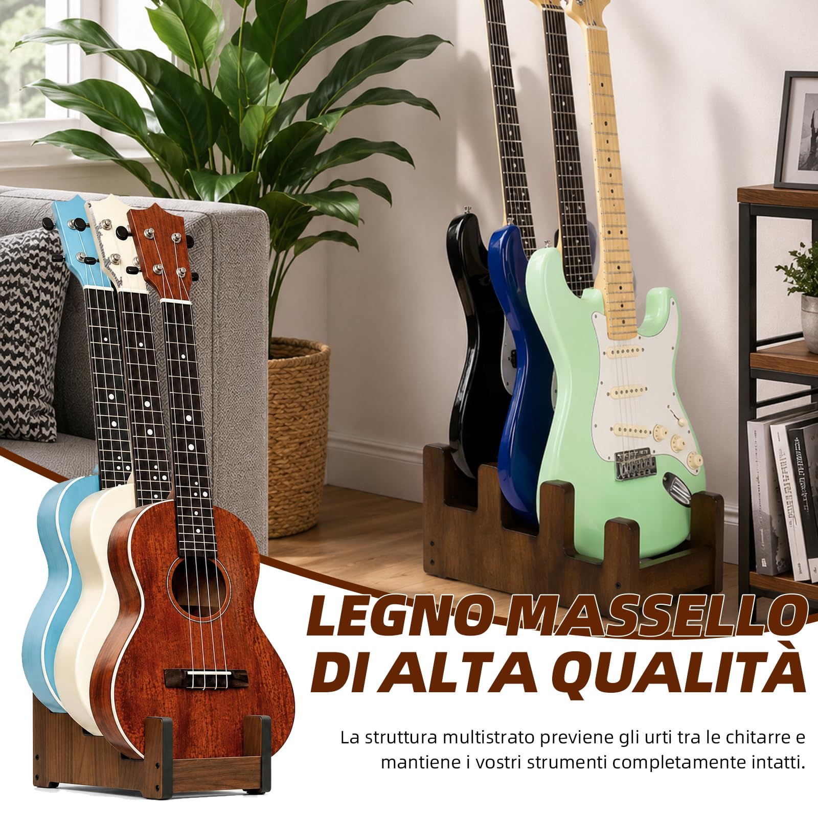 Supporto per chitarra in legno per 2 chitarre elettriche + 1 acustica | Legno massello, livelli scalati, ampia rientranza per chitarra acustica, imbottitura, antiscivolo, risparmio spazio