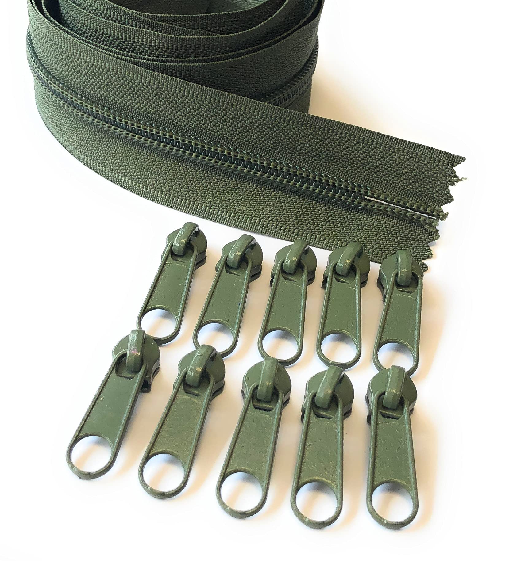 Ads Zipper Green (Olive - 327) Continuous Nylon No.5 Zip With Sliders #5 Chain Zipper On Roll With 10 Pullers (, 196.8" - 5 Metre)