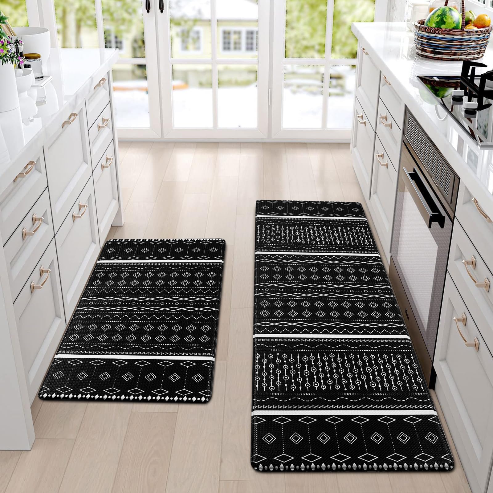 ASPMIZBlack Boho Kitchen Mat 2 Pcs Cushioned Anti-Fatigue, Black and White Bohemia Kitchen Rugs Non Slip Memory Foam Kitchen Mats and Rugs Kitchen Floor Comfort Mats,18'' x 48'' + 18'' x 30''