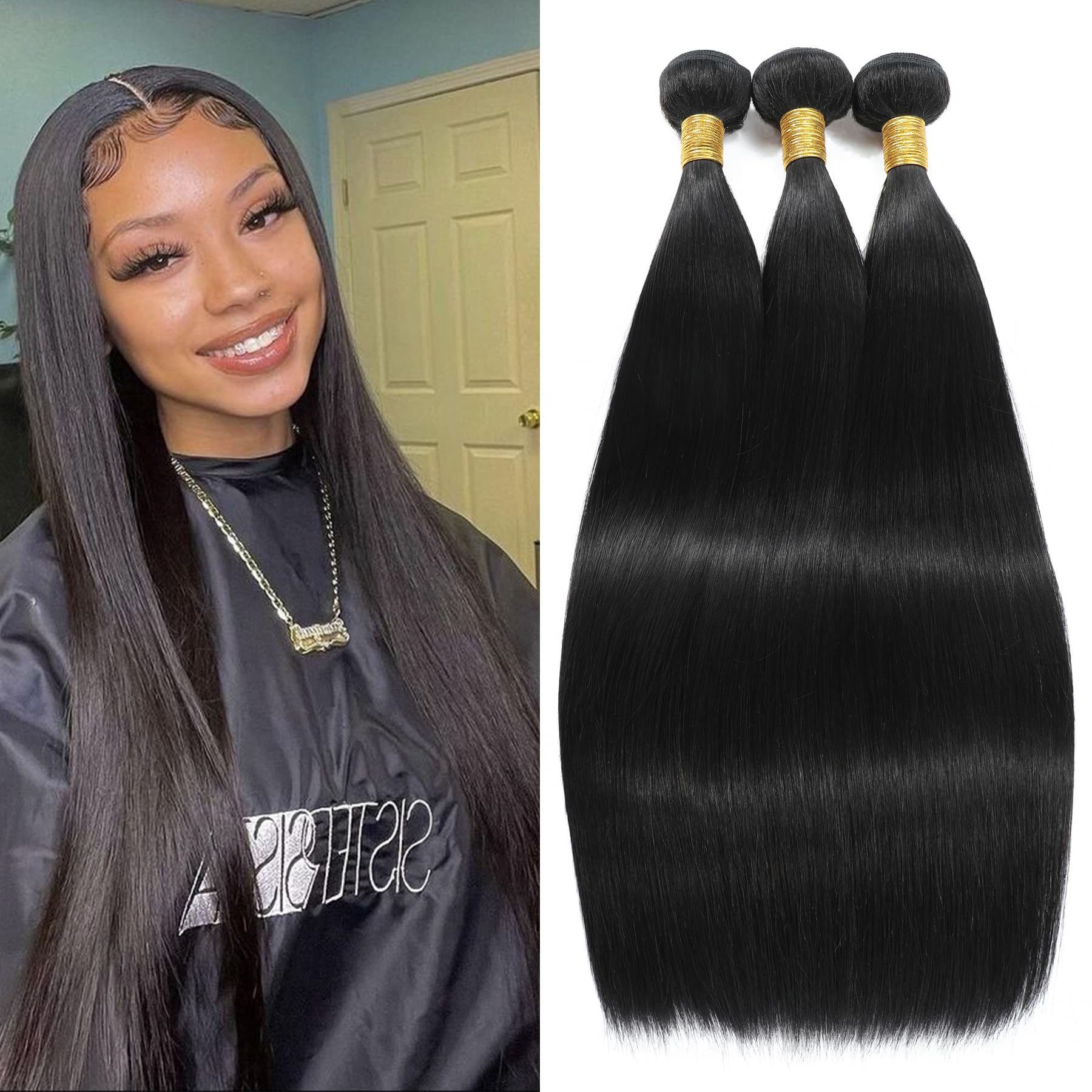 NROOEAY Brazilian Straight Bundles Human Hair 16 18 20 Inch Long 3 Bundles Deal 12A Unprocessed Virgin Human Hair Weave Natural Black Human Hair