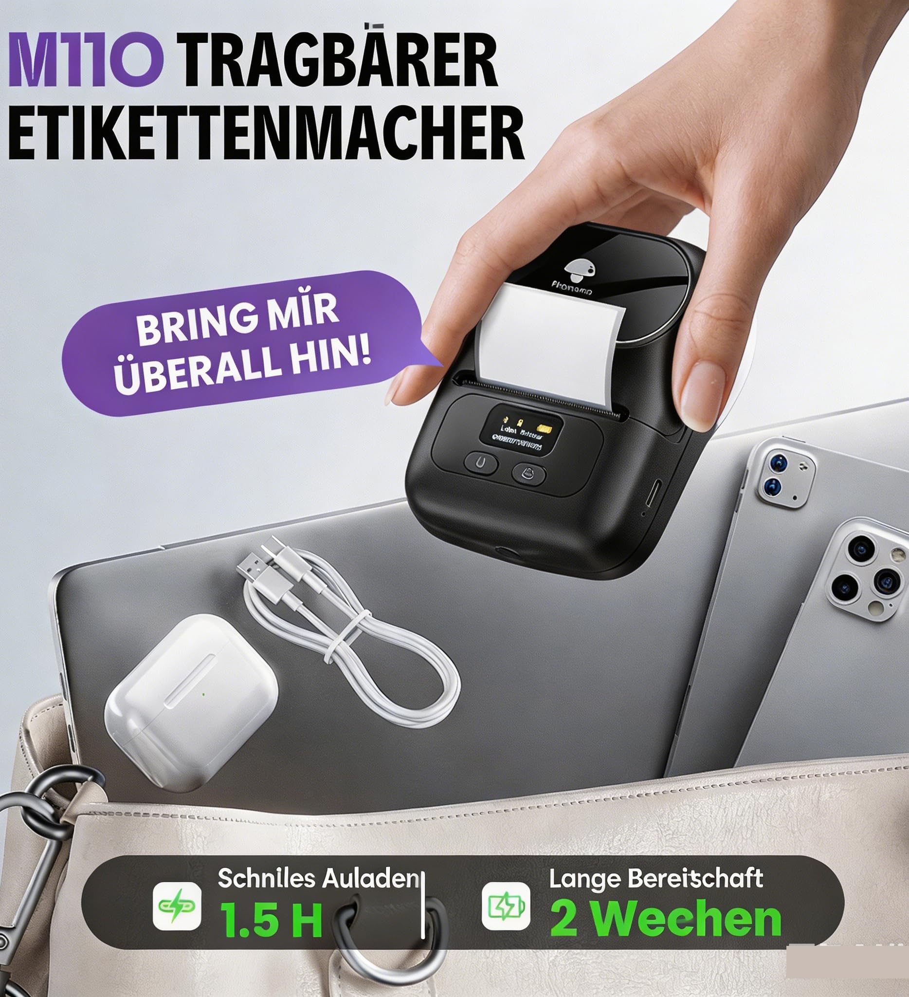 Phomemo M110 Étiqueteuse Autocollantes, imprimante Etiquette autocollante Bluetooth Thermique, Utilisé au Codes Barres et QR, Petite Entreprise, Magasin, Maison, Compatible avec Android et iOS - Noir