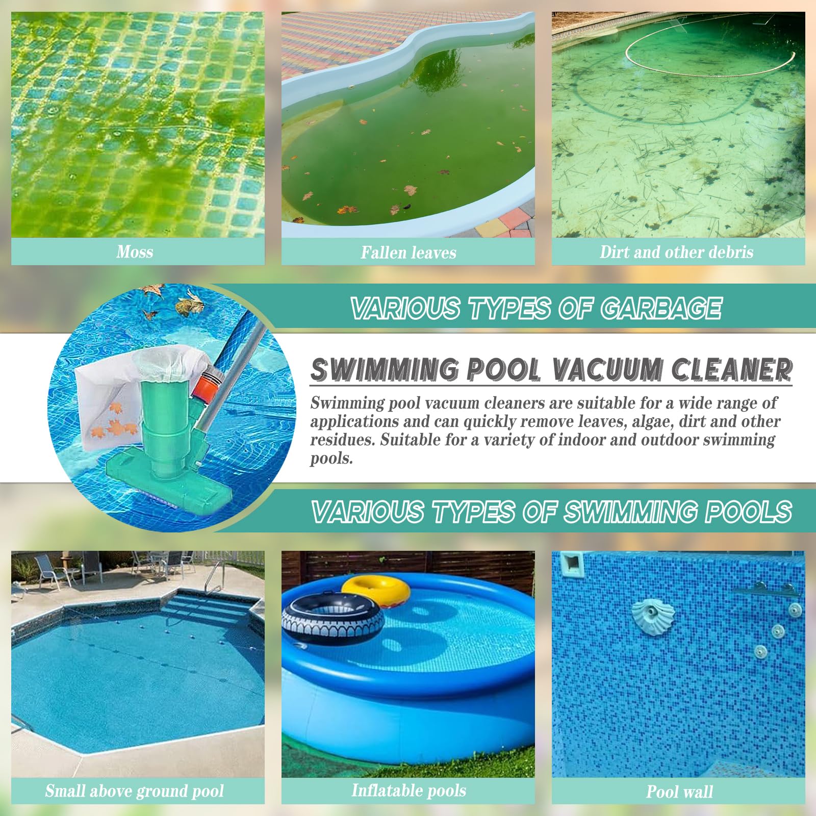 Limpiafondos Piscina Manual, Yanghad Aspiradora Manual Piscina, Removable Pool Bottom Cleaner con Bolsa Filtrante, Set Limpieza, para Piscinas, Spas, Fuentes, Bañeras de Hidromasaje(Verde)