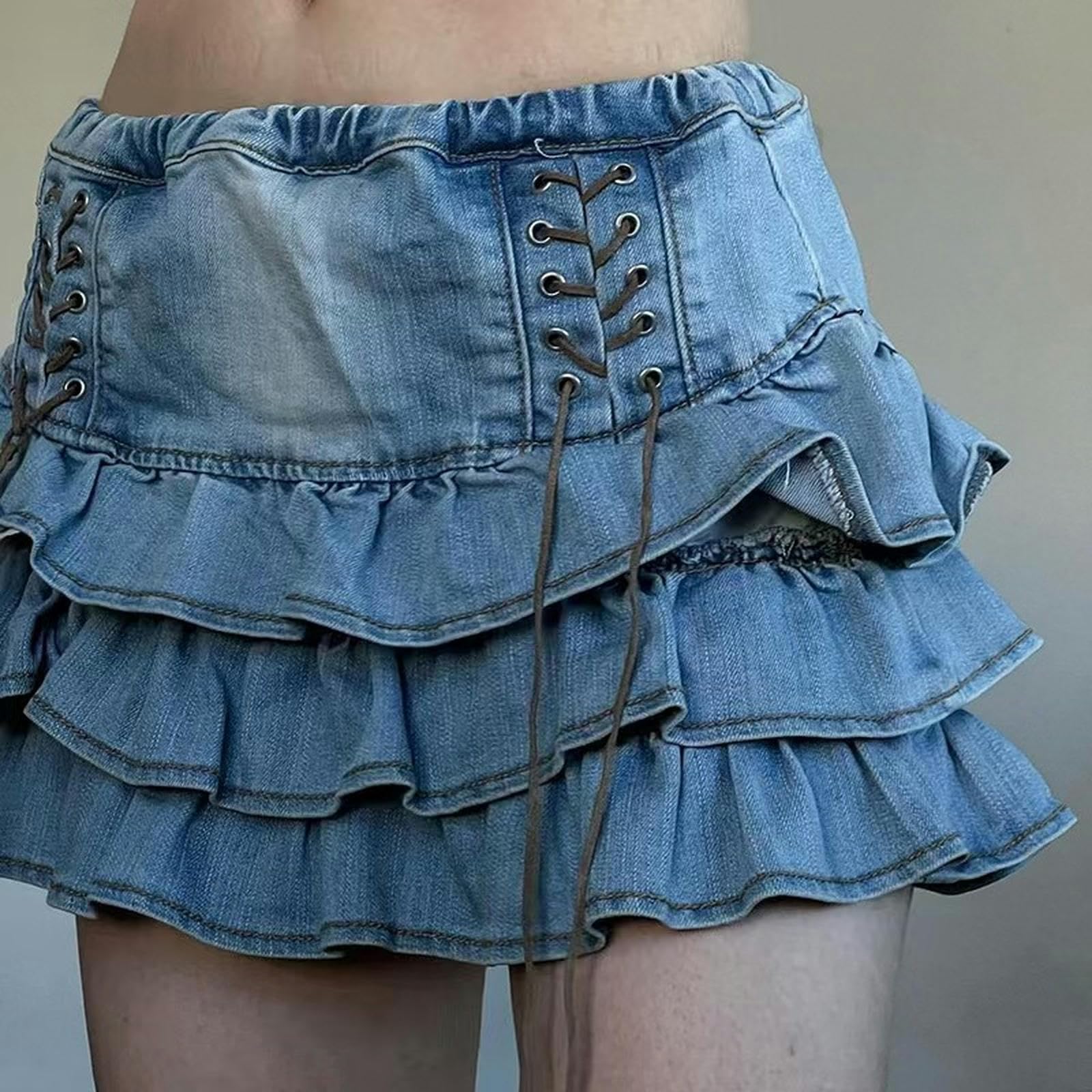 Gonna di Jeans con Spalline Dolce Gonna Corta Snellente a Vita Bassa con Maniche ad A - Blu - S