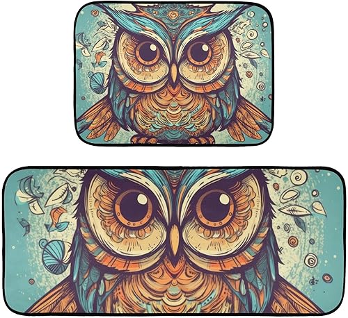 Cute Owl Portrait Kitchen Mat 2 Pcs Set, Low Pile Kitchen Rugs Cushioned Water Absorbent Washable Floor Mats for Kitchen Sink Laundry Room