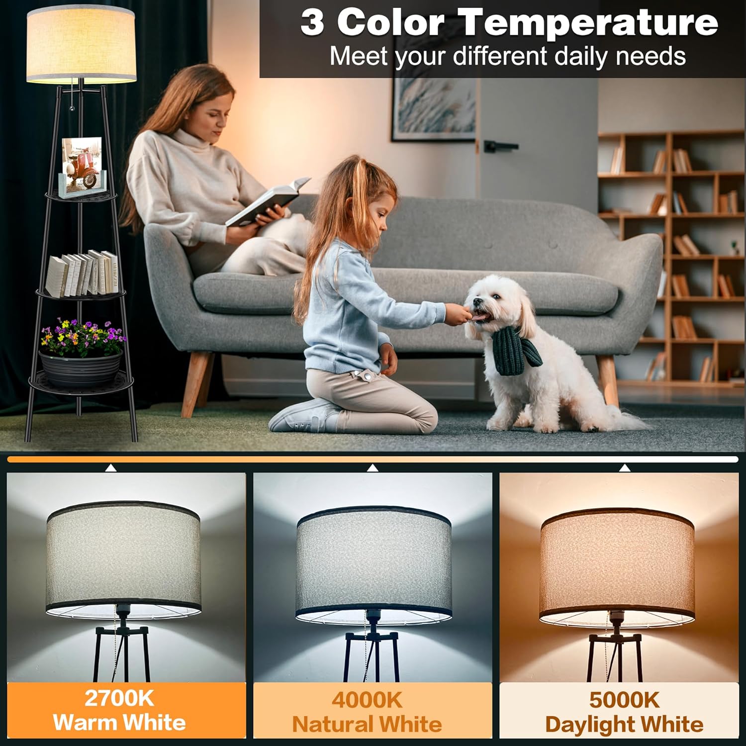 1 pack floor lamps for living room,floor lamp with shelves,modern standing lamp with 3 color temperature bulb,corner lamp for living room,bedroom,office