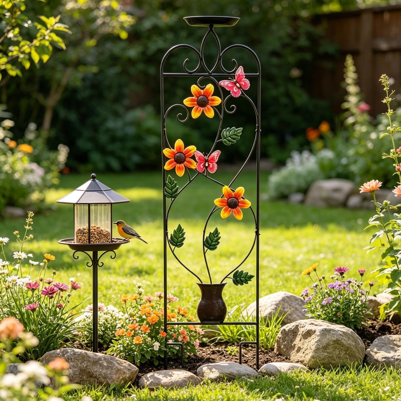 Enrejado exterior Estético Metálico con Bebedero para Aves | Enrejado para Rosas y Soporte para Plantas de Exterior Para flores rosas verduras trepadoras camas elevadas patio jardín
