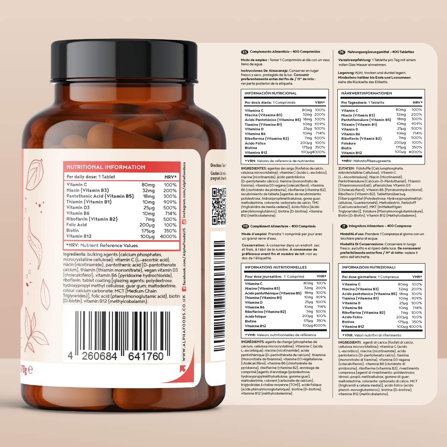 Vitamine B Complex | 400 Comprimés Végétaliens (+ 1 An) | 8 B Vitamines (B1, B2, B3, B5, B6, B12, Biotine, Acide Folique) avec Vit C & D3 | Énergie, Métabolisme & Système Nerveux (EFSA) | Alpha Foods