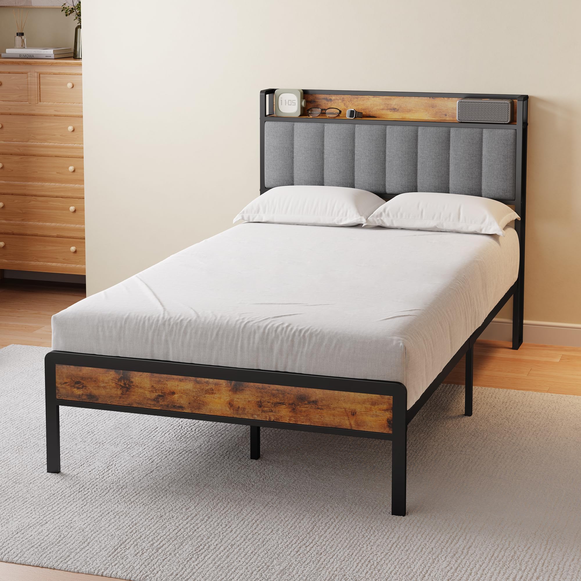 KOMHTOM Cama Acolchada Con Cabecera Ajustable En Altura, Cama Plataforma  Con Somier De Madera Y Marco, image size:2000x2000