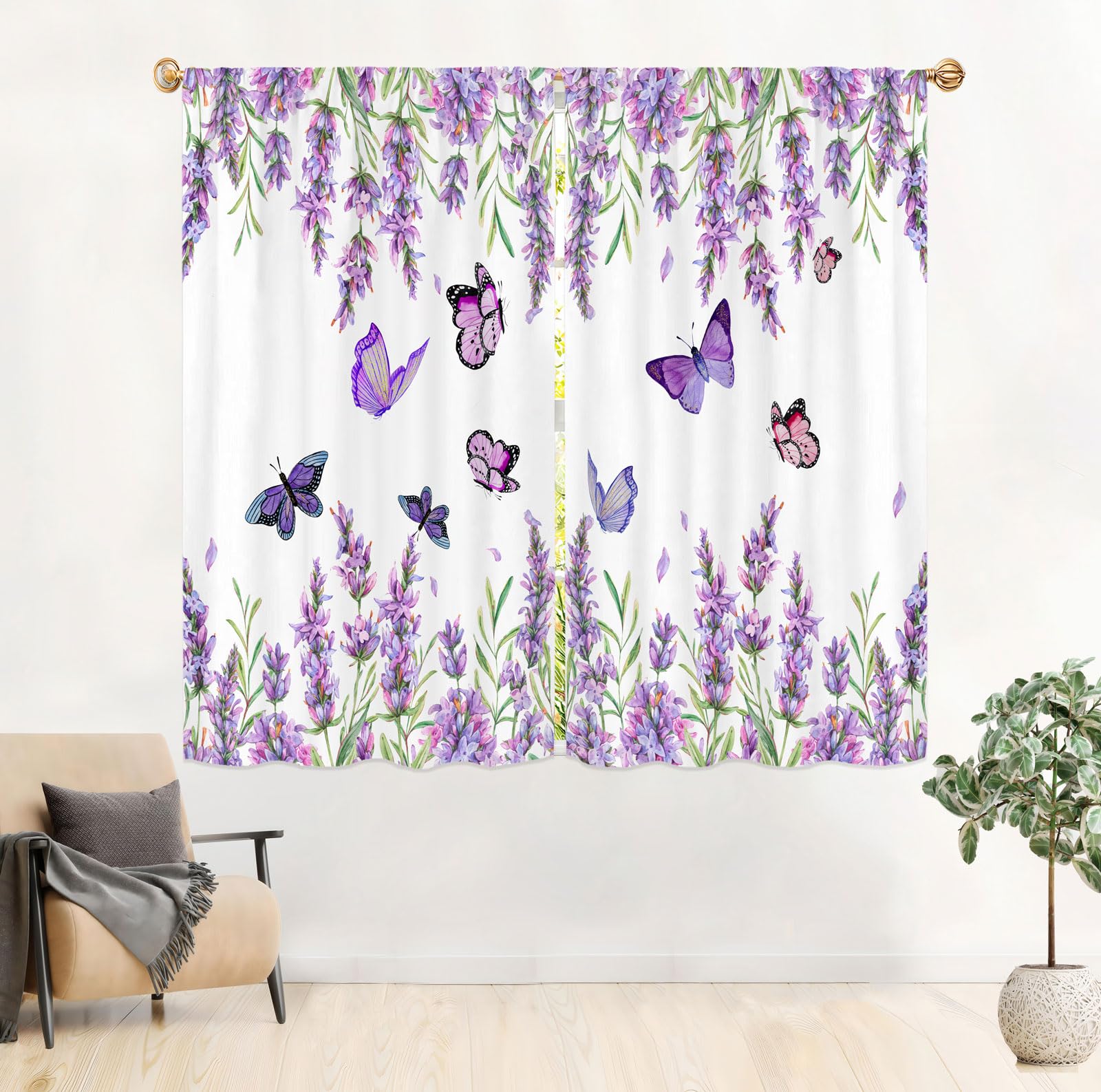 Famiffty Lavender Butterfly Purple Liac Spring Kitchen Curtains 42W X 63L Inch 2 Panels Rod Pocket Vintage Country Small Short Cafe Tier Curtains Beige Window Drapes Treatment Home Decor