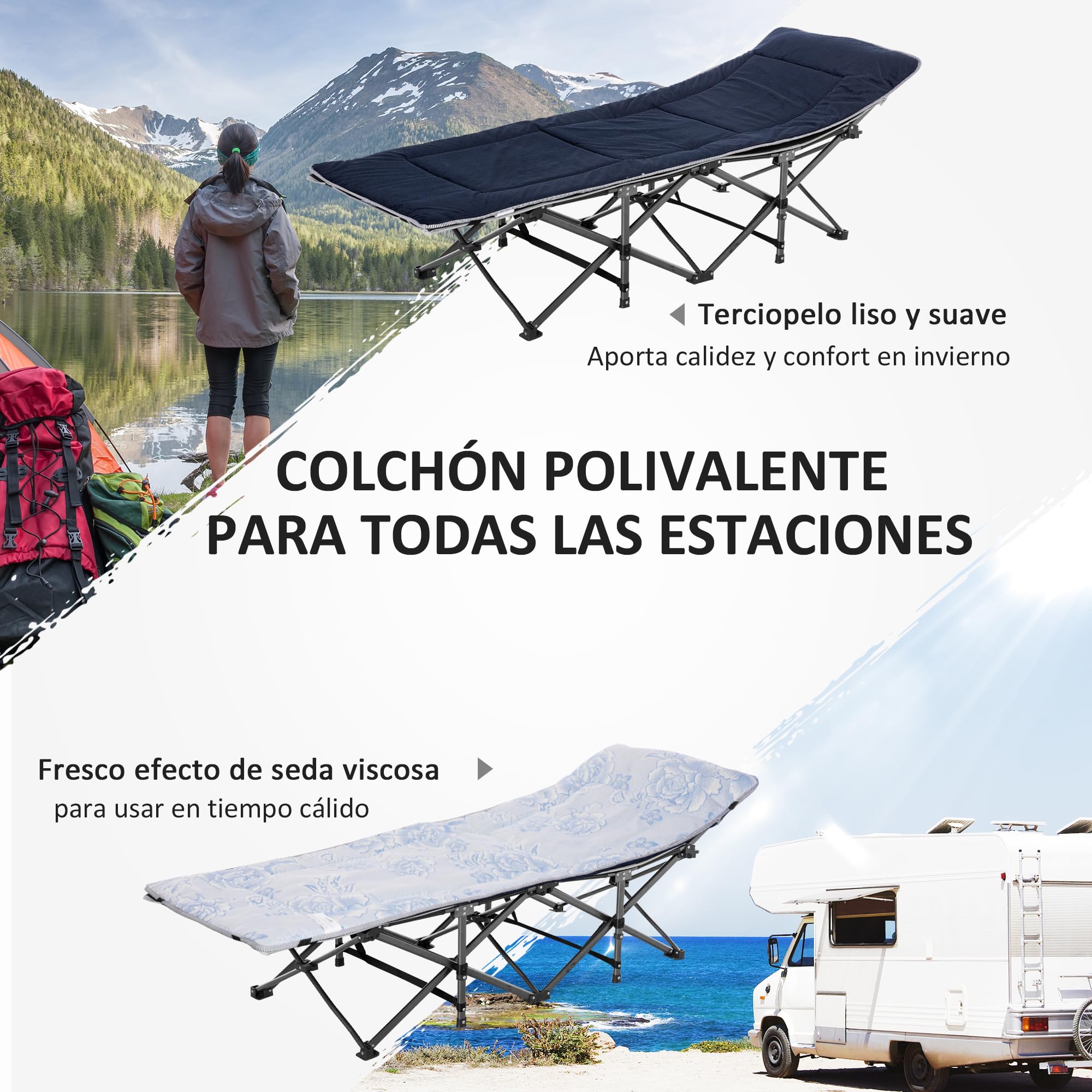 Outsunny Cama de Camping Plegable Cama de Acampada con Cojín Almohada Bolsillo Lateral Bolsa de Transporte y Marco de Acero Carga 150 kg para Playa Senderismo 188x64,5x53 cm Azul