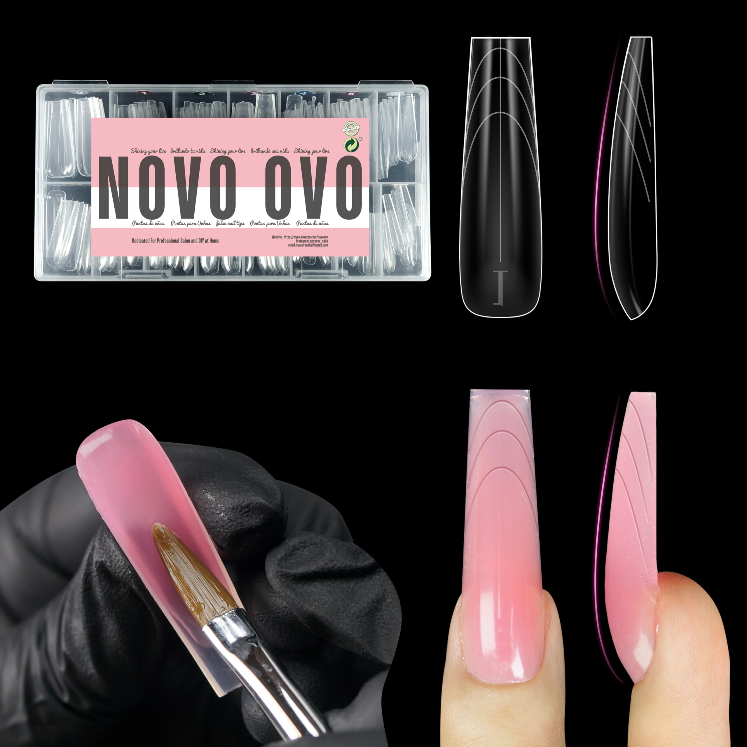 NOVO OVO Tapered Square (Sculpted) Nail Dual Forms for Poly Gel Extension with Guiding Line Inside