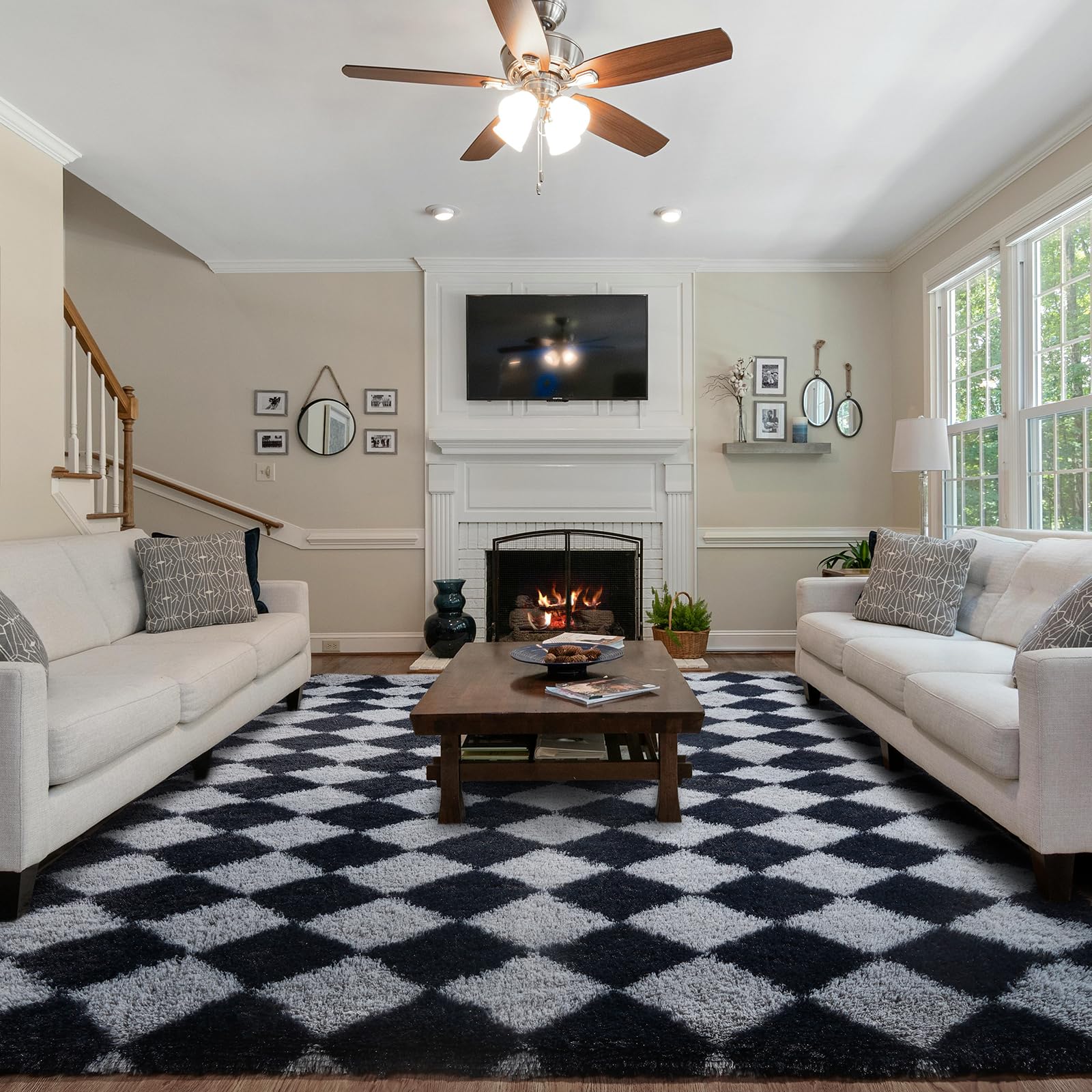 FVVRAX Shaggy Rugs Living Room, 200x230cm Large Black and Grey Checkered Rug for Bedroom, Non-Slip High Pile Fluffy Plush Geometric Floor Carpet Mats, Low Shedding — image 1