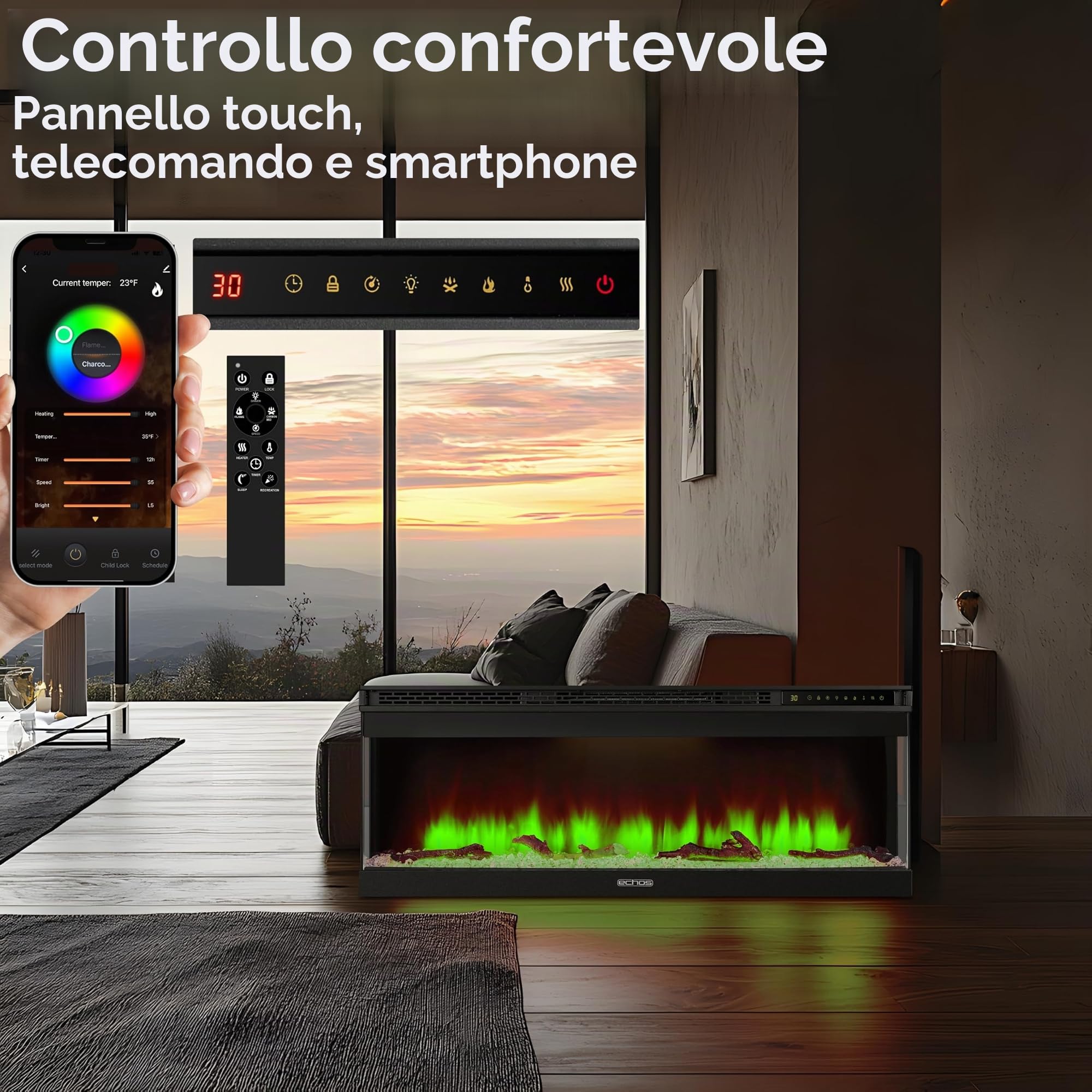 Camino elettrico con riscaldamento, termoventilatore a risparmio energetico, 1500 W, effetto fiamma