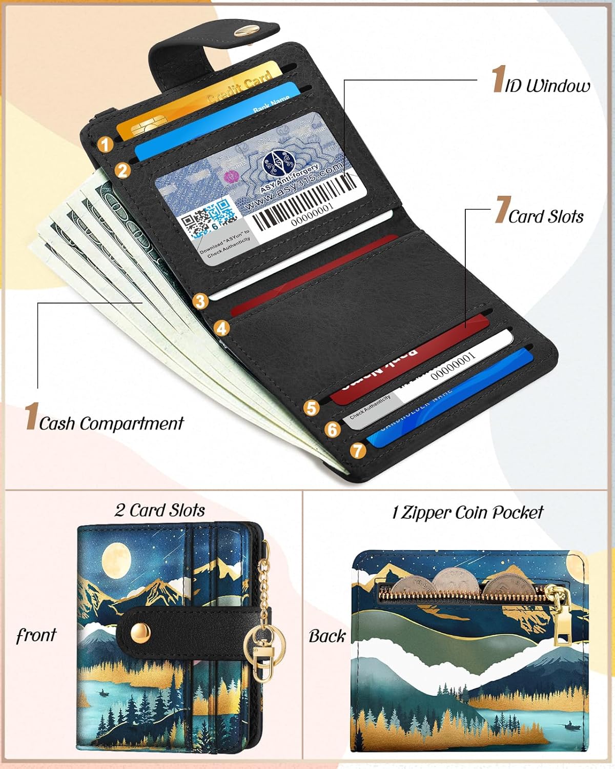 Bistup Wallet for Women Cute Bifold Small Card Wallet Rfid with Keychain for Ladies Teen Girls Female Medium Girly Aesthetic Thin Slim Mountain Unique Pretty Modern Leather Credit Card Holder Purse - Image 3