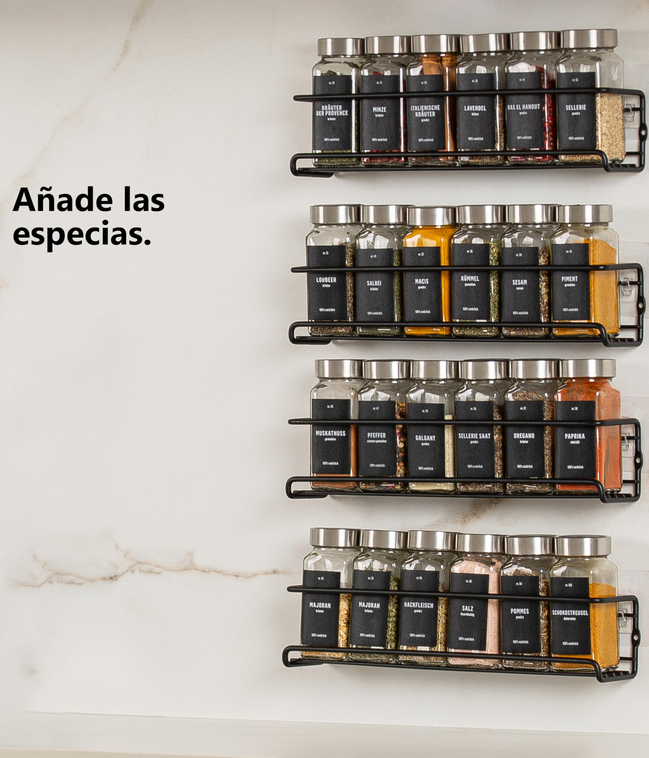 Deco haus® Especiero de Pared sin Taladro Con 24 Tarros de Cristal - 4 Piezas Para Cocina