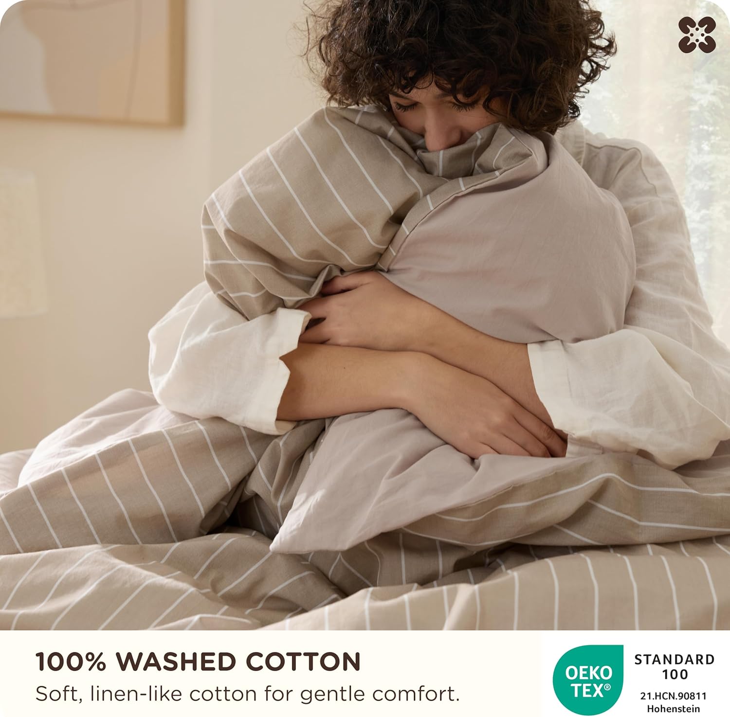 Bedsure Striped Duvet Cover King Size,100% Washed Cotton Duvet Cover Linen Like Textured, Classic Striped Pattern Enhances Bedroom Comfort and Style, Stripes Tan/White, 104"x90" - Image 4