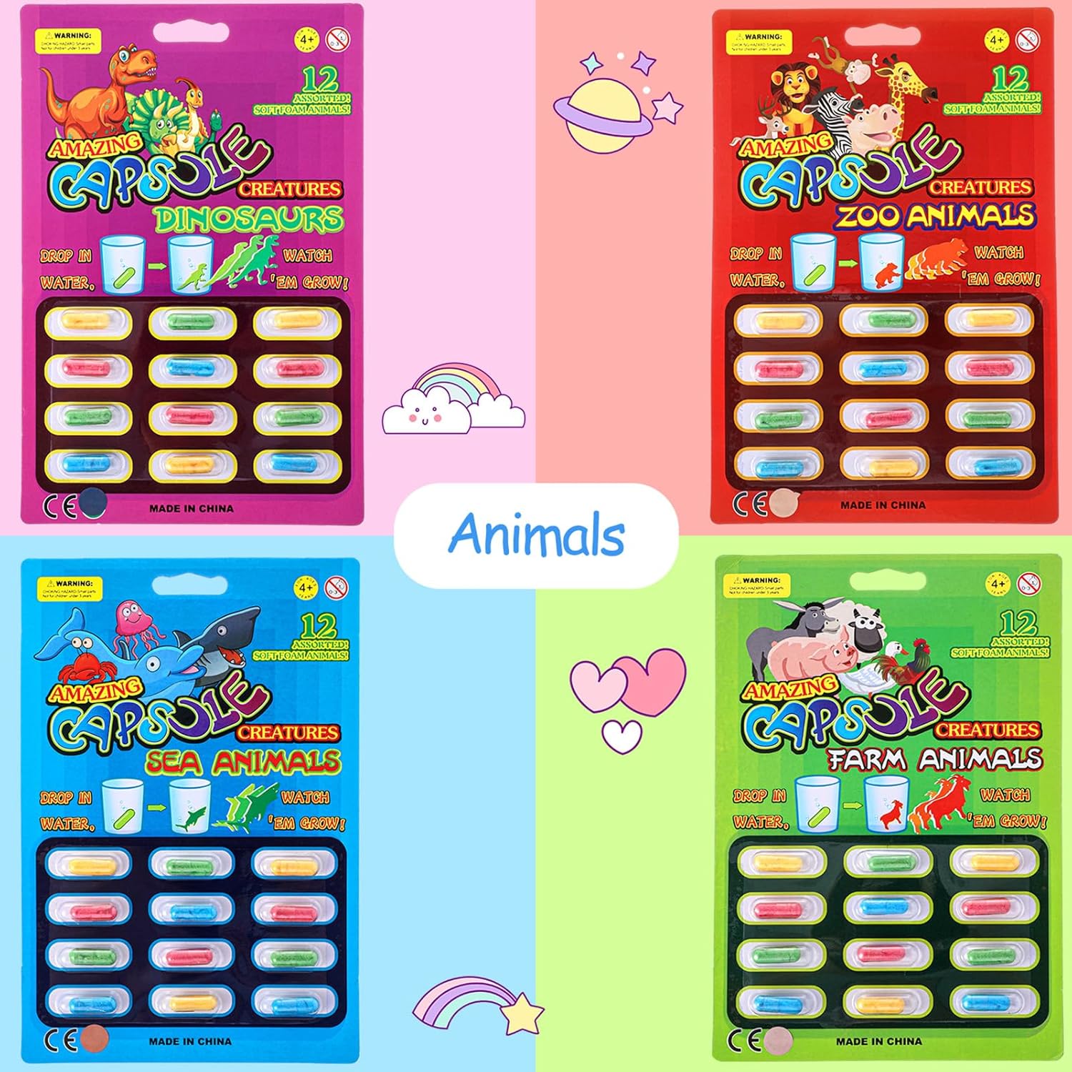 Gejoy 8 Pieces Water Capsules Water Animals Dinosaur Unicorn Sea Creature Party Cognition Sponge Pills Bath Expanding Foam Animal Capsules