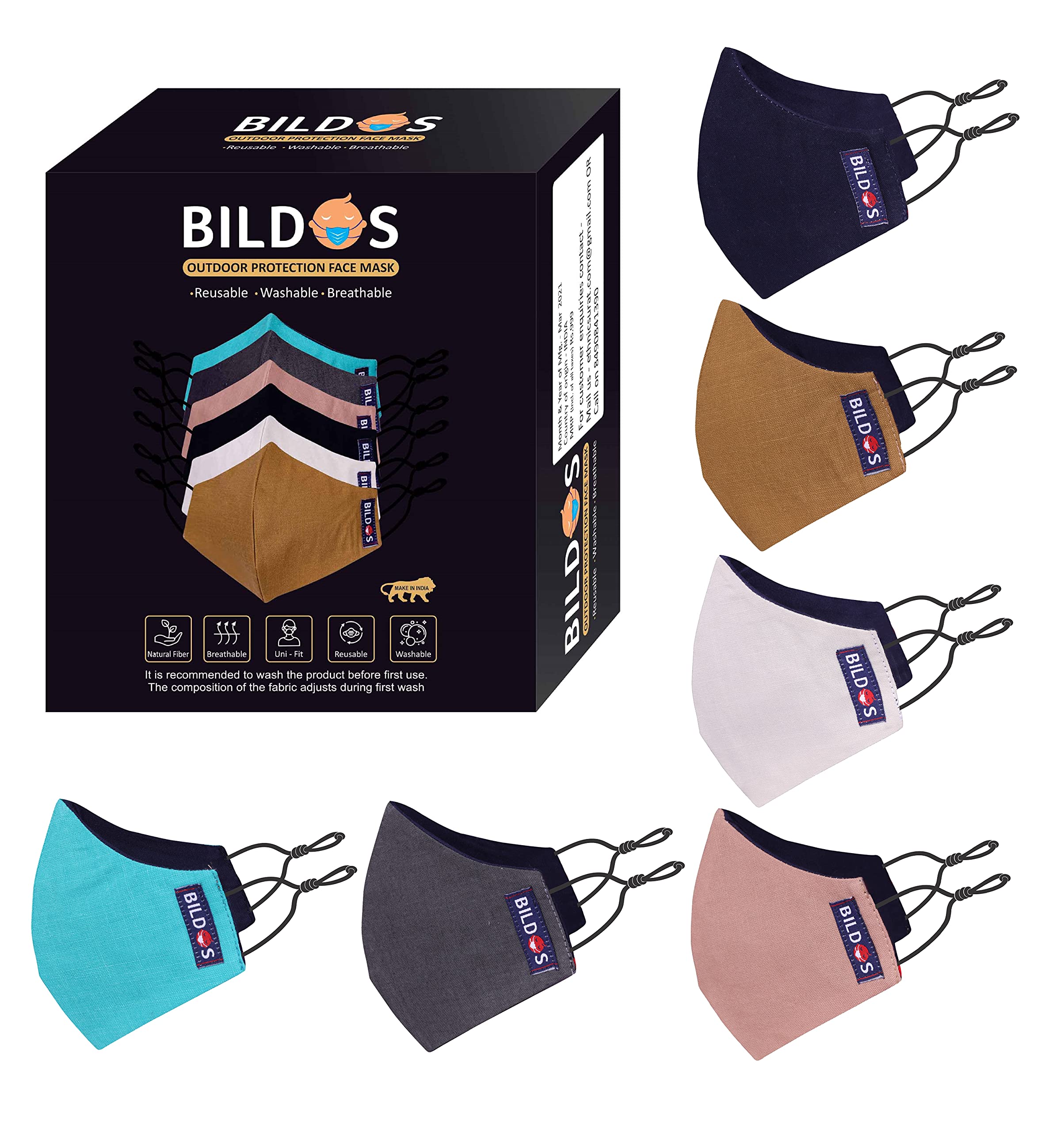 Bildos Cotton Unisex Without valve Reusable Face mask (Multicolour) - Pack of 6 (B08W3542PK) Amazon Price History, Amazon Price Tracker