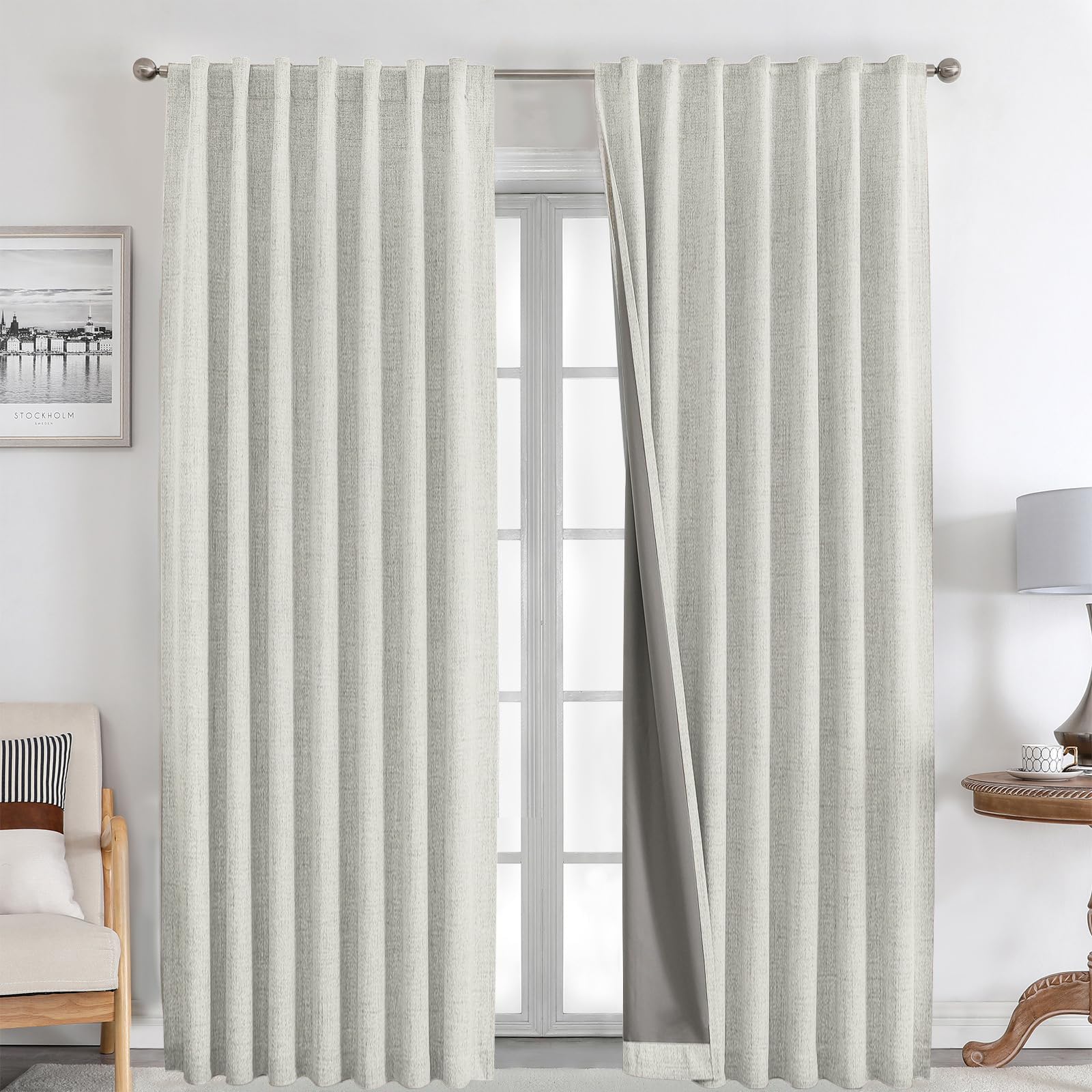 Joydeco 100% Cortinas Opacas 2 Piezas, Lino Cortinas Dormitorio con Pasadores Anti Luz Cortina Termica Aislantes Frio y Calor para Salon（2x260x140，Gris Blanco）