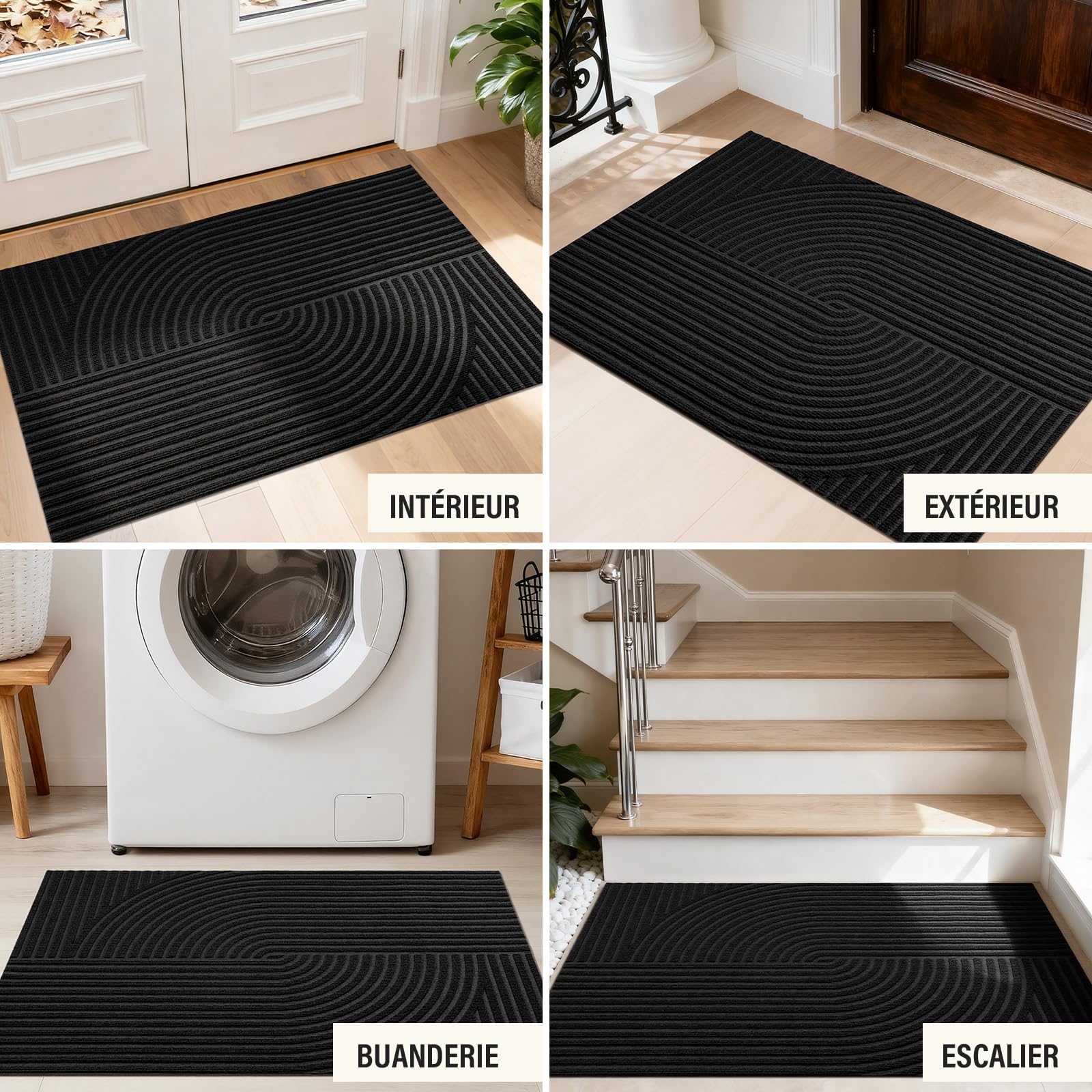 Tapis Entrée Intérieur Motif Vague Symétrique, 60x90cm-Noir | Paillasson Attrape-Poussière Antidérapant, Absorbant, Tapis de Porte Profil Bas et Lavable pour Cuisine,Chambre, Couloir