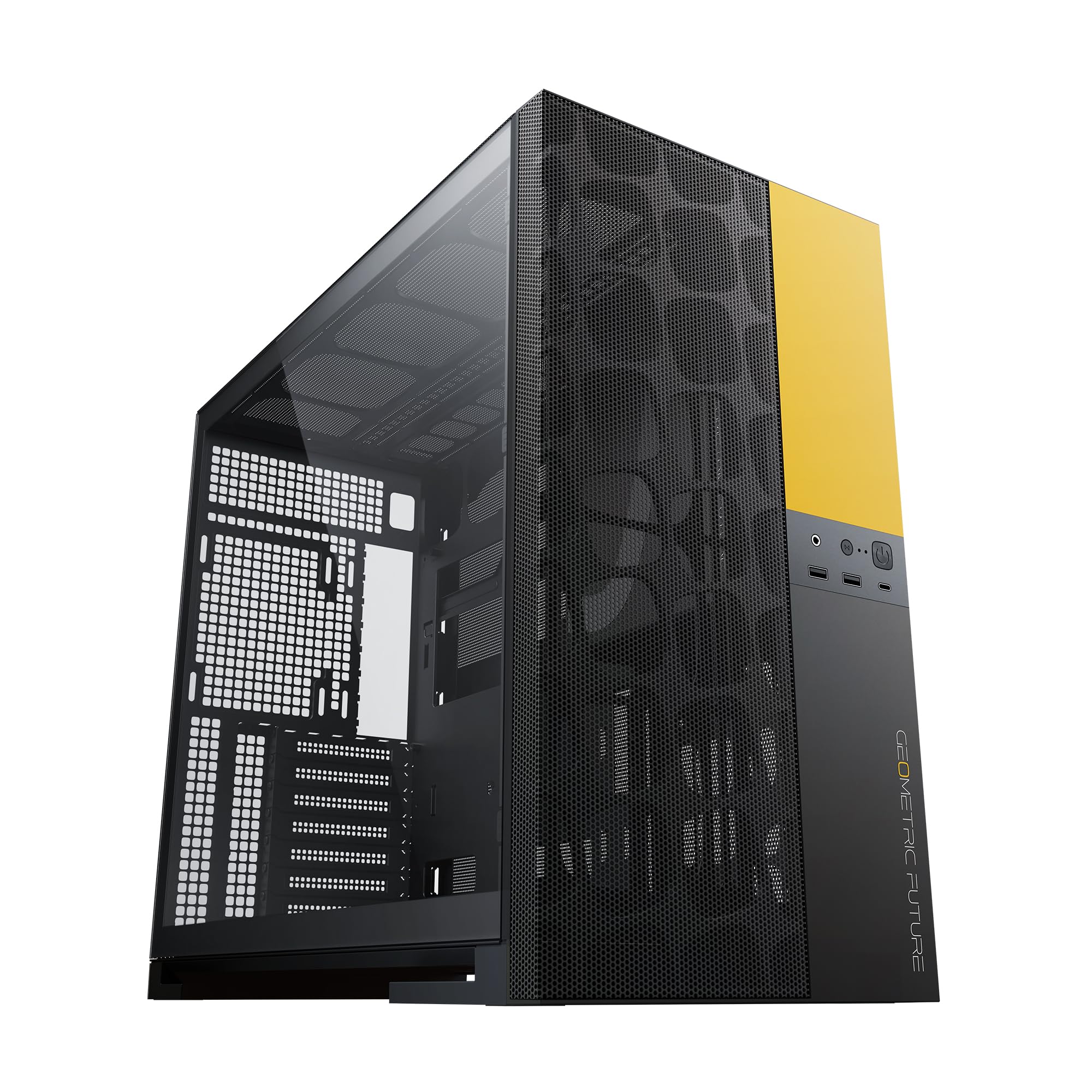 Geometric Future M5 Vent Mesh Front Panel Tempered Glass Mid Tower, E-ATX/ATX Gaming Case, High Airflow, 1.2mm Steel, Type C, Support 420/360 Radiator, Dual-Chamber, Black/Yellow, GEO-M5V-BY